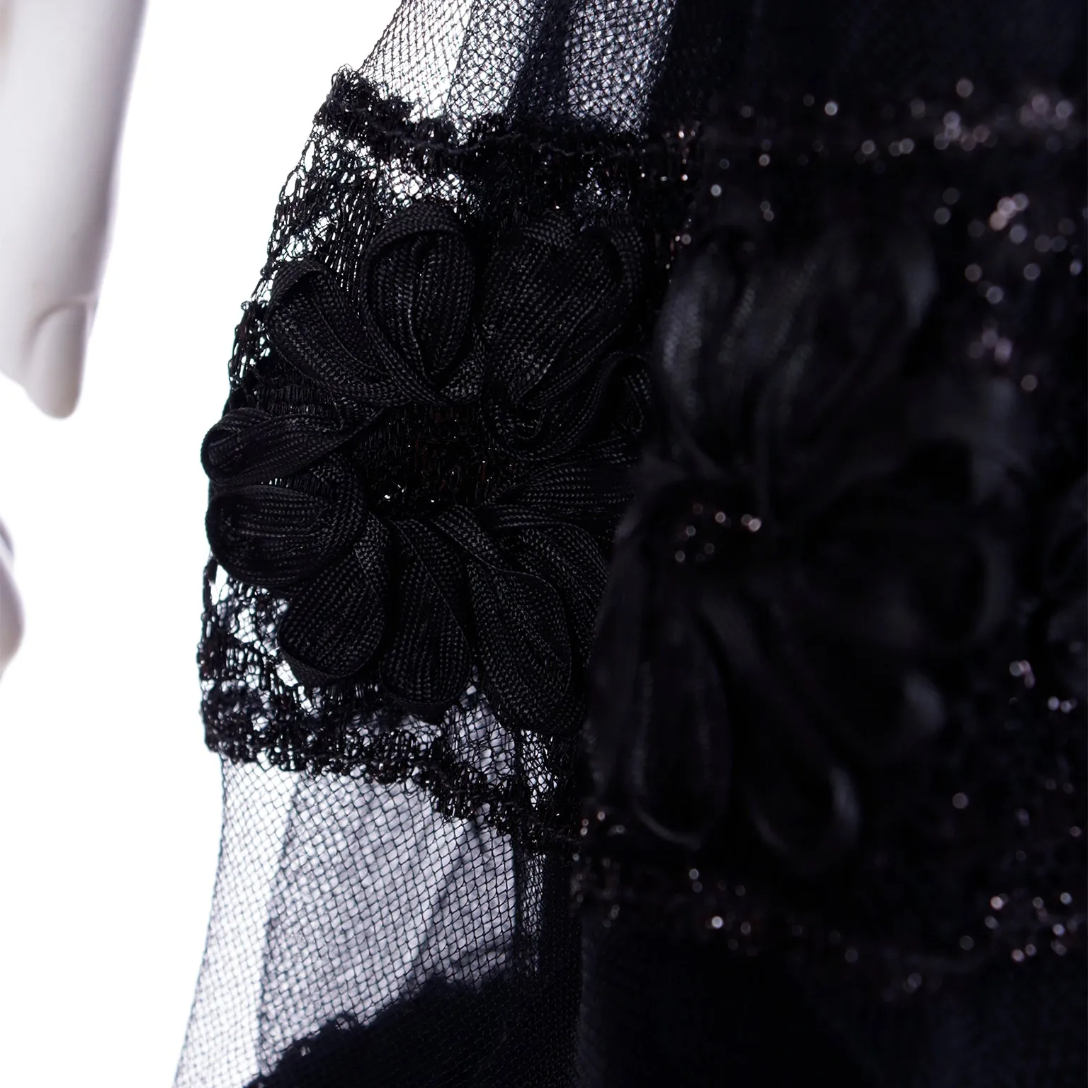 1970s William Travilla Vintage Black Evening Dress W Metallic Mesh Details