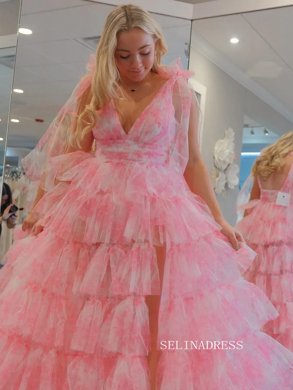 A-line Pink Floral Bow Tie Straps Layers Long Prom Dress with Slit lps026B