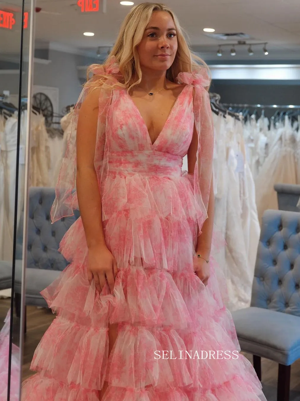 A-line Pink Floral Bow Tie Straps Layers Long Prom Dress with Slit lps026B