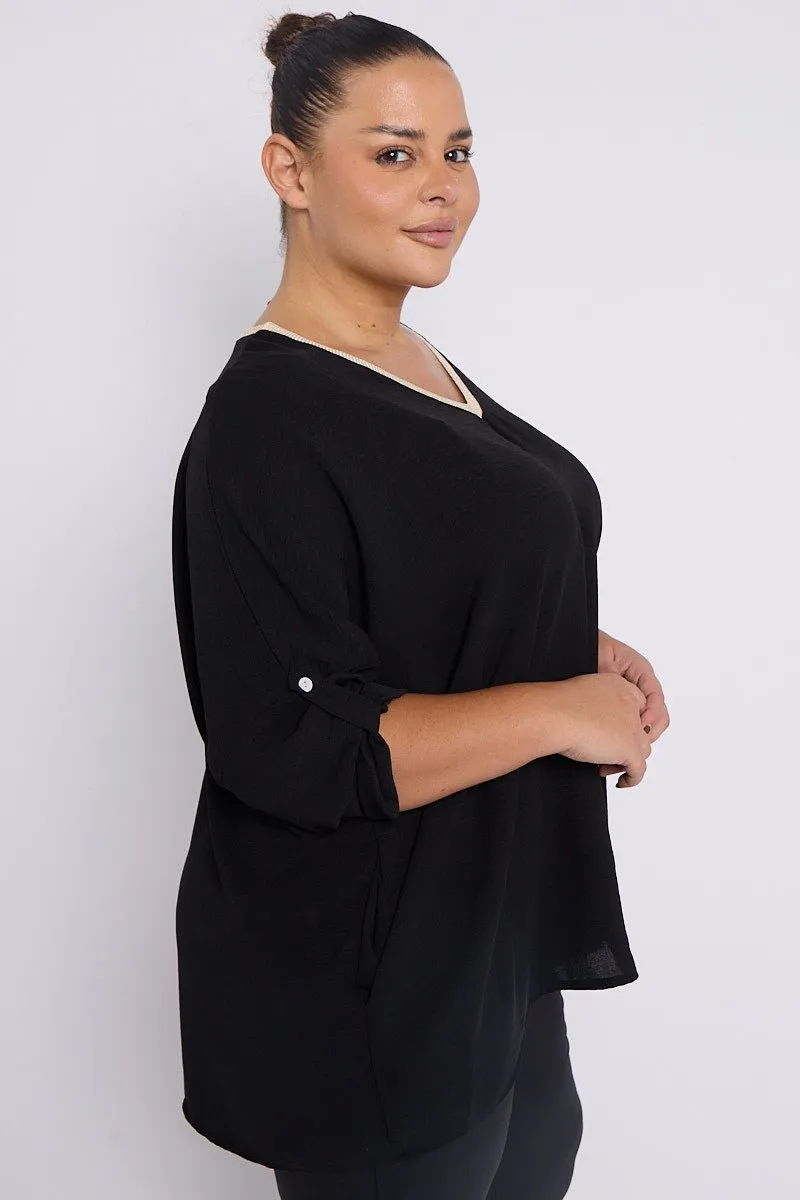 Anya PLUS SIZE Black V Neck Contrast Trim 3/4 Turn Sleeves Top With Pockets