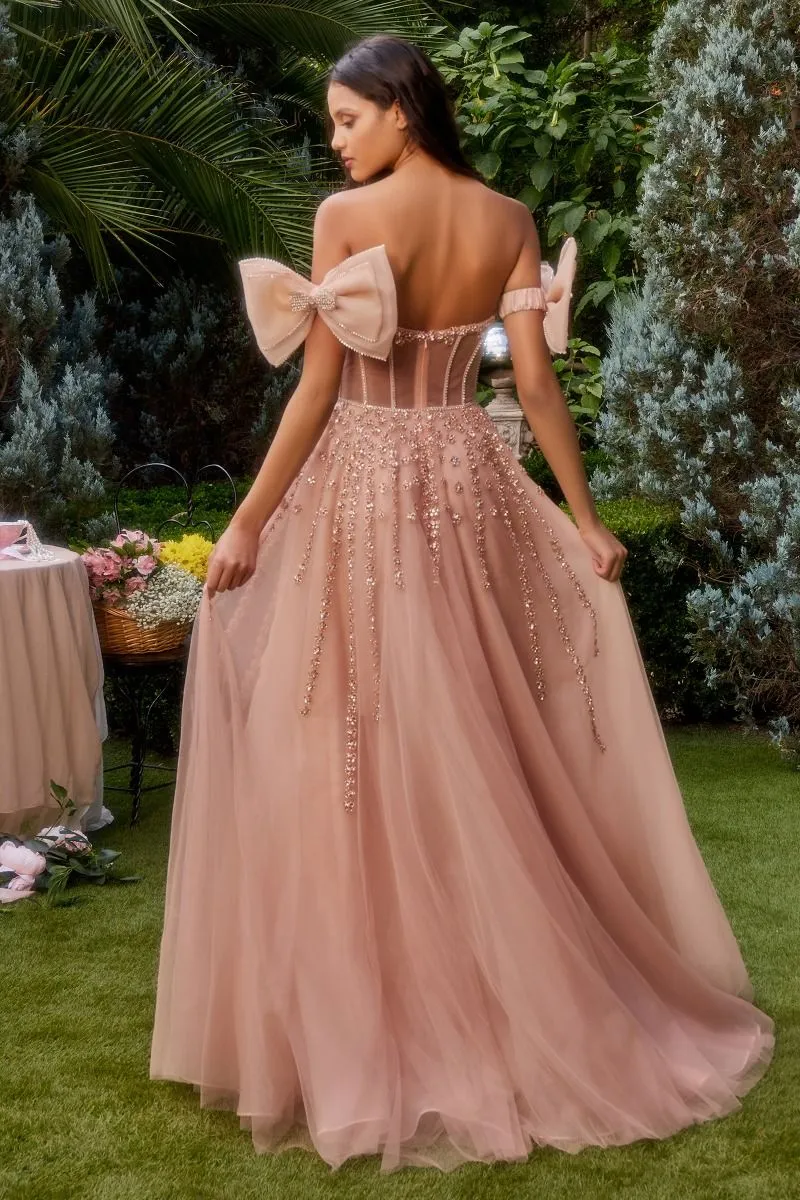 Ayesha Prom Dress Strapless with Bow Sleeve Gown 6201338HNX-RoseGold Andrea & Leo A1338