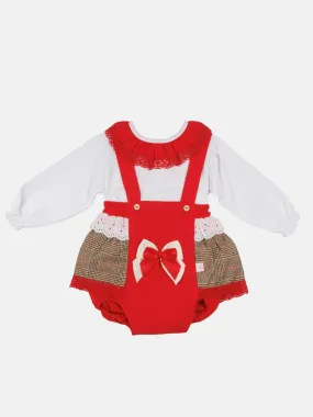 Baby Girl Winter Wonderland Collection Tartan Romper with Frills, Lace and Bows-Red collar