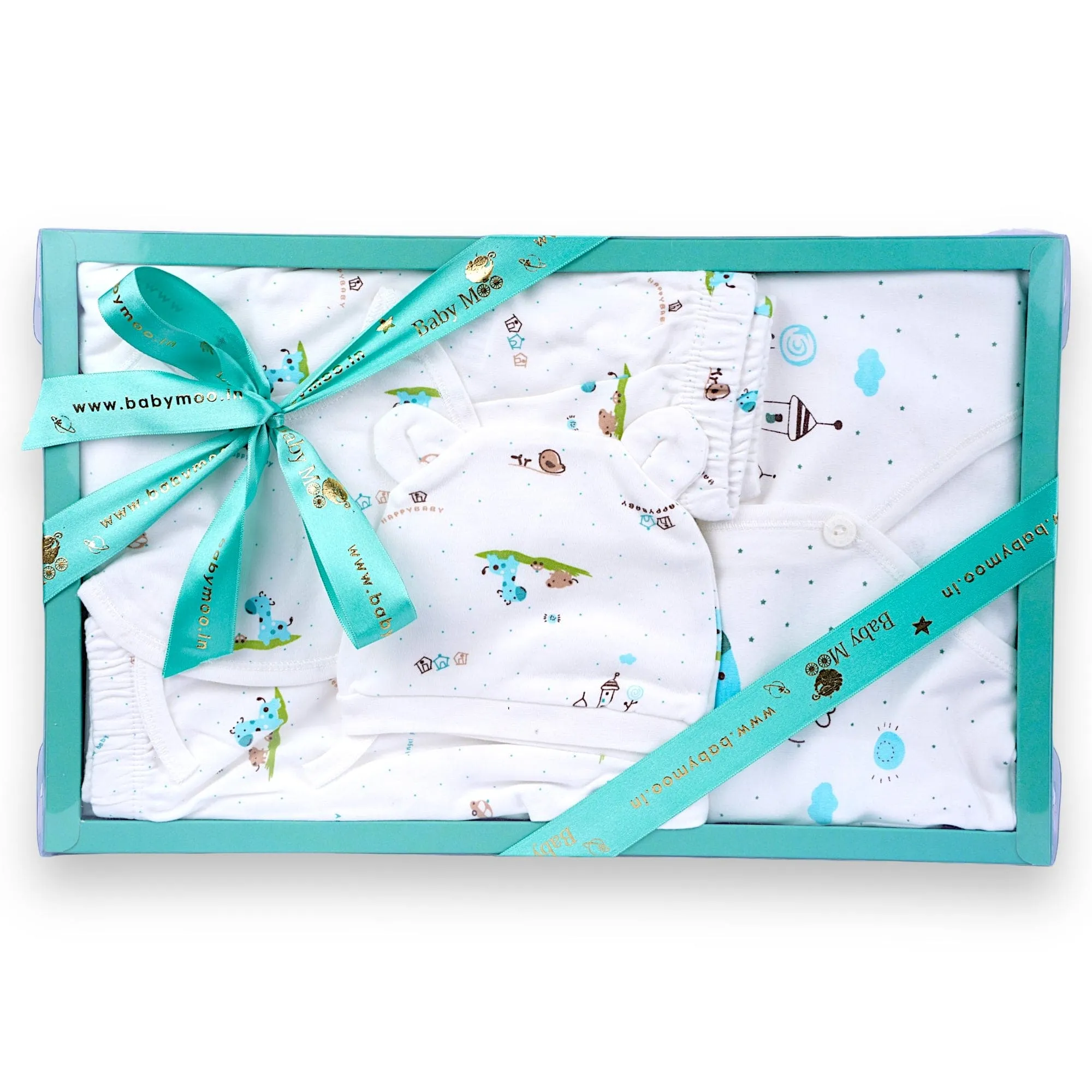 Baby Moo Animal Print Cap Bib Pyjamas 5 Pcs Clothing Gift Set - Blue