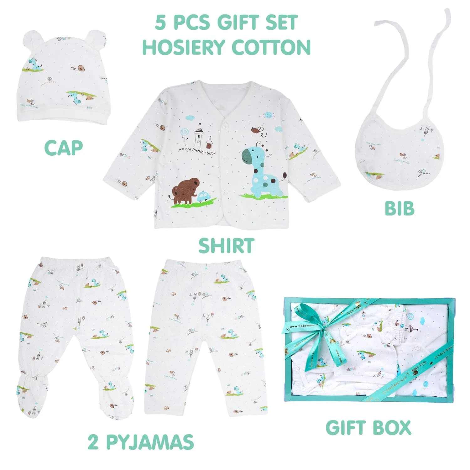 Baby Moo Animal Print Cap Bib Pyjamas 5 Pcs Clothing Gift Set - Blue