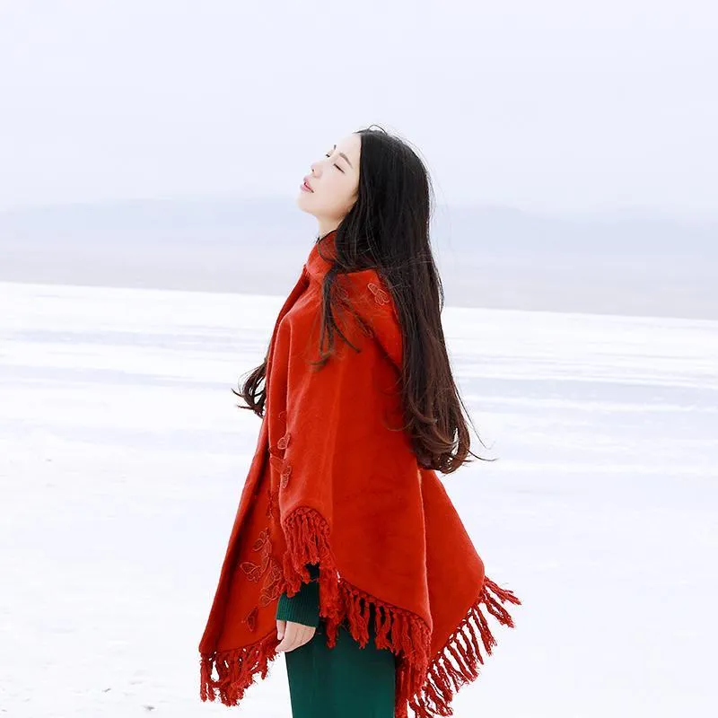 Belle Red Rose Embroidered Hooded Cape | Mandala