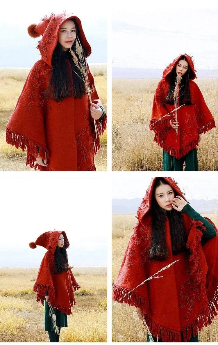 Belle Red Rose Embroidered Hooded Cape | Mandala