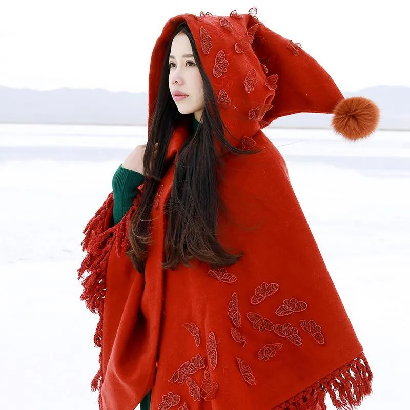 Belle Red Rose Embroidered Hooded Cape | Mandala