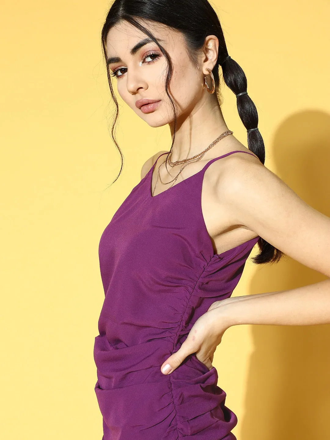 Berrylush Women Solid Purple V-Neck Sleeveless Tulip Hem Ruffled & Ruched A-Line Mini Dress