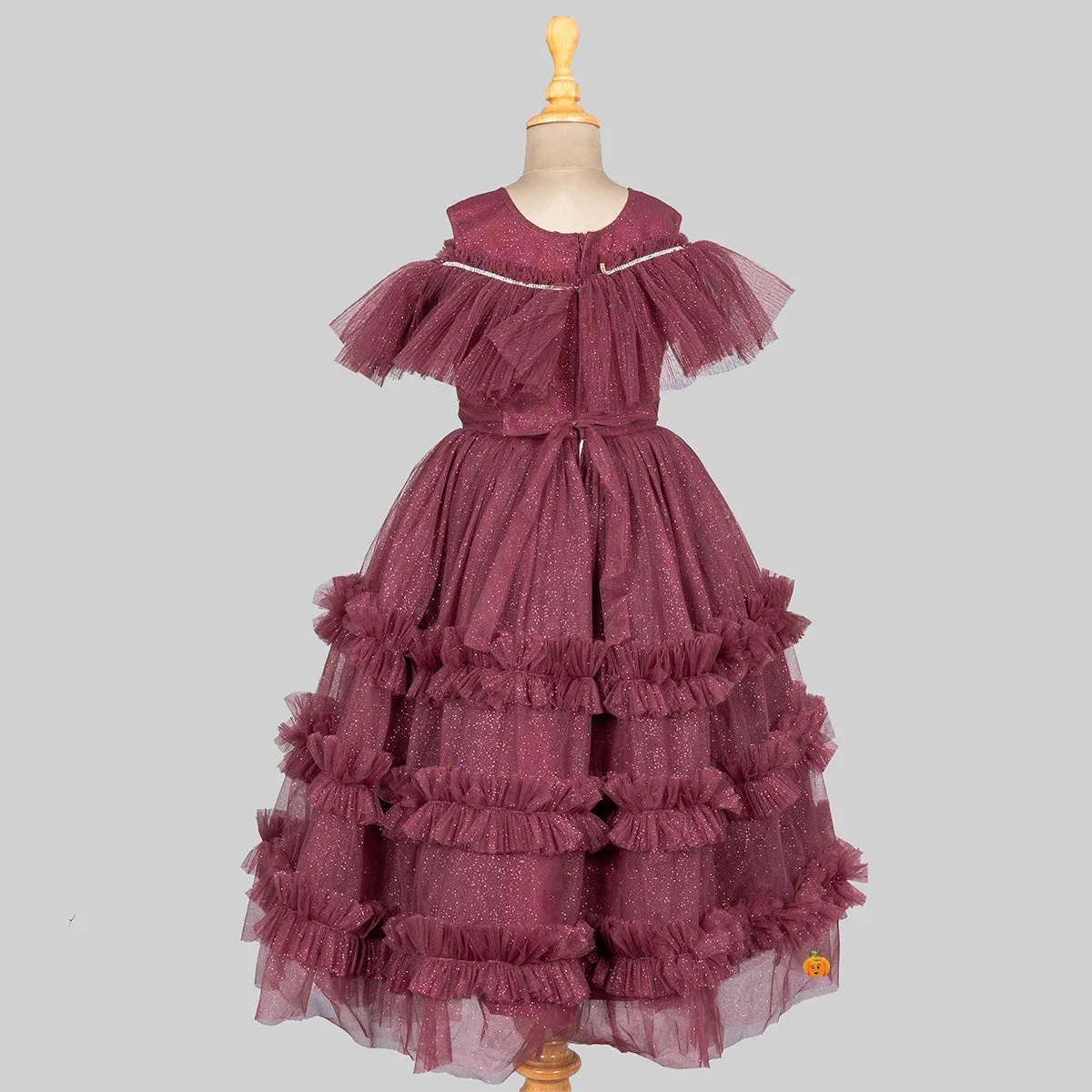 Brown Glittery Layered Frill Gown for Girls