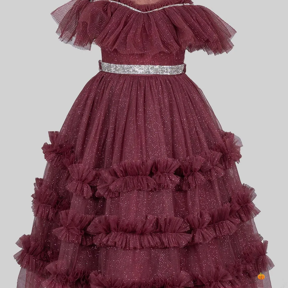 Brown Glittery Layered Frill Gown for Girls
