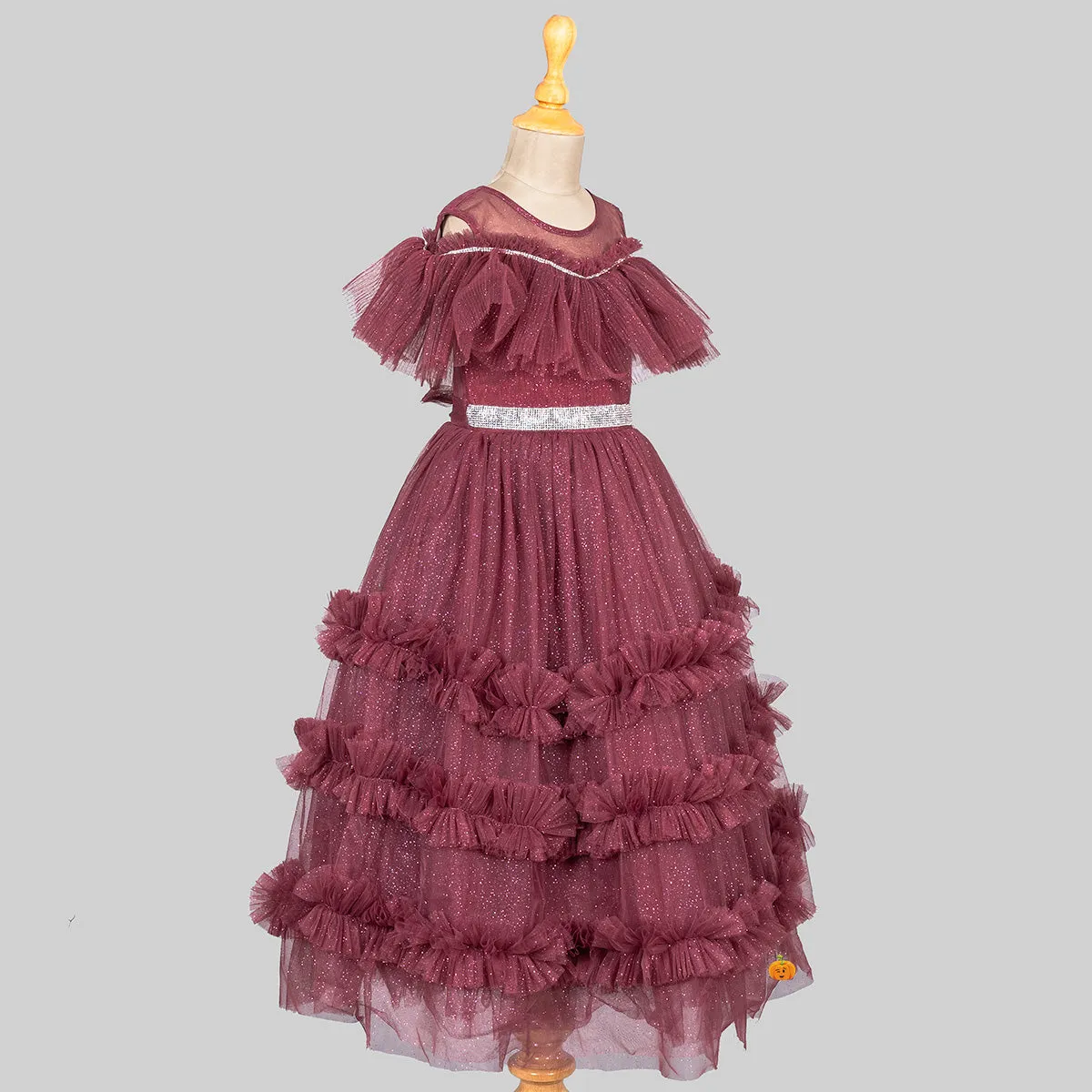 Brown Glittery Layered Frill Gown for Girls