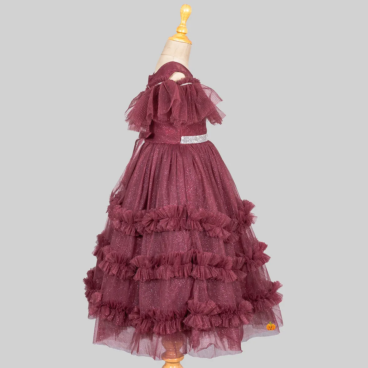 Brown Glittery Layered Frill Gown for Girls