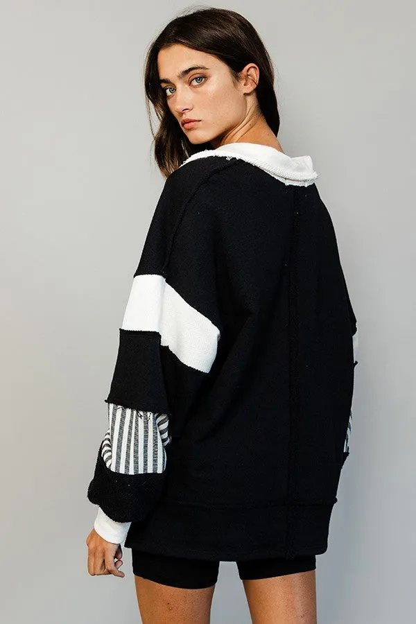 BucketList French Terry Color Block Tunic Top in Black/Ivory