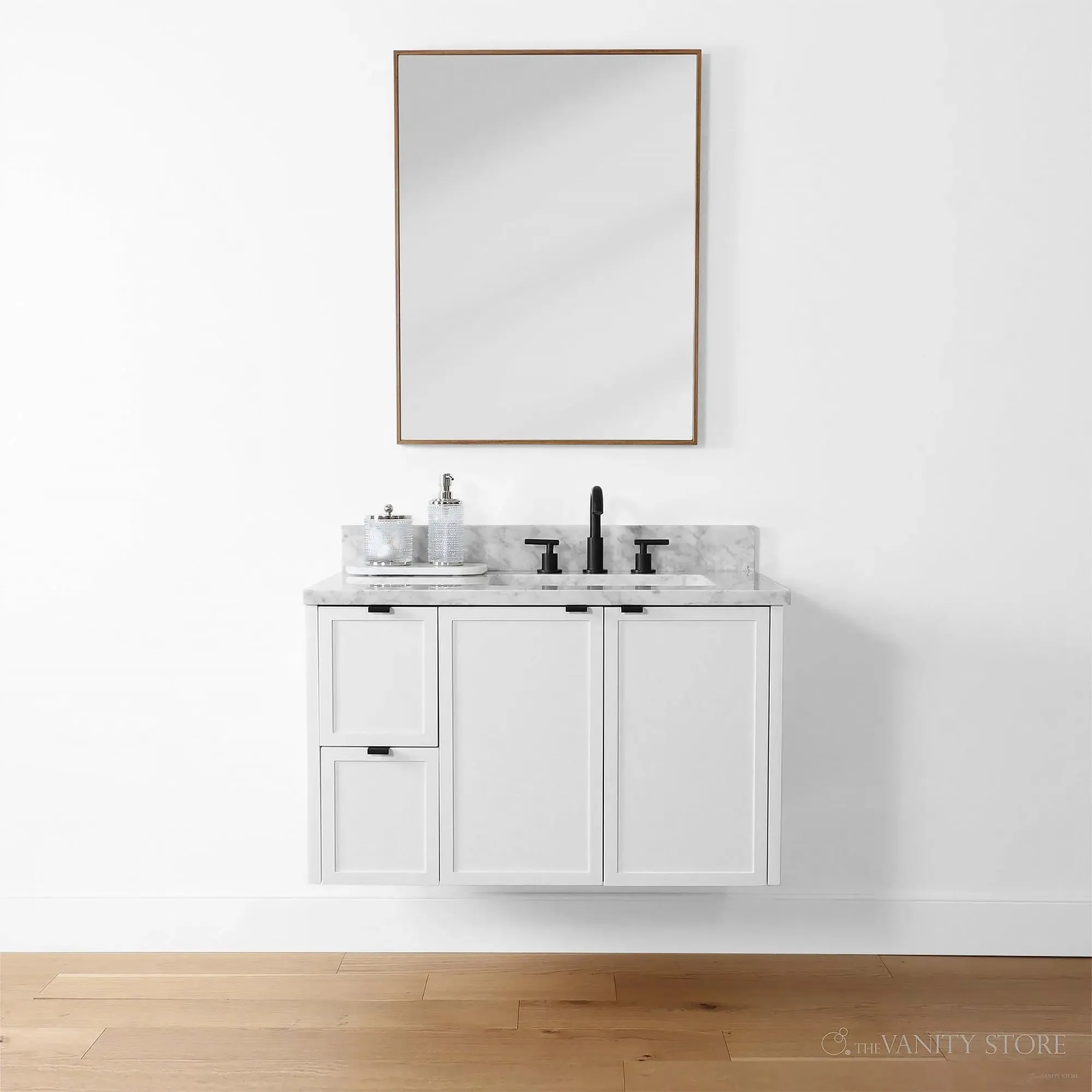Cape Breton 36" Wall Mount Satin White Bathroom Vanity, Right Sink