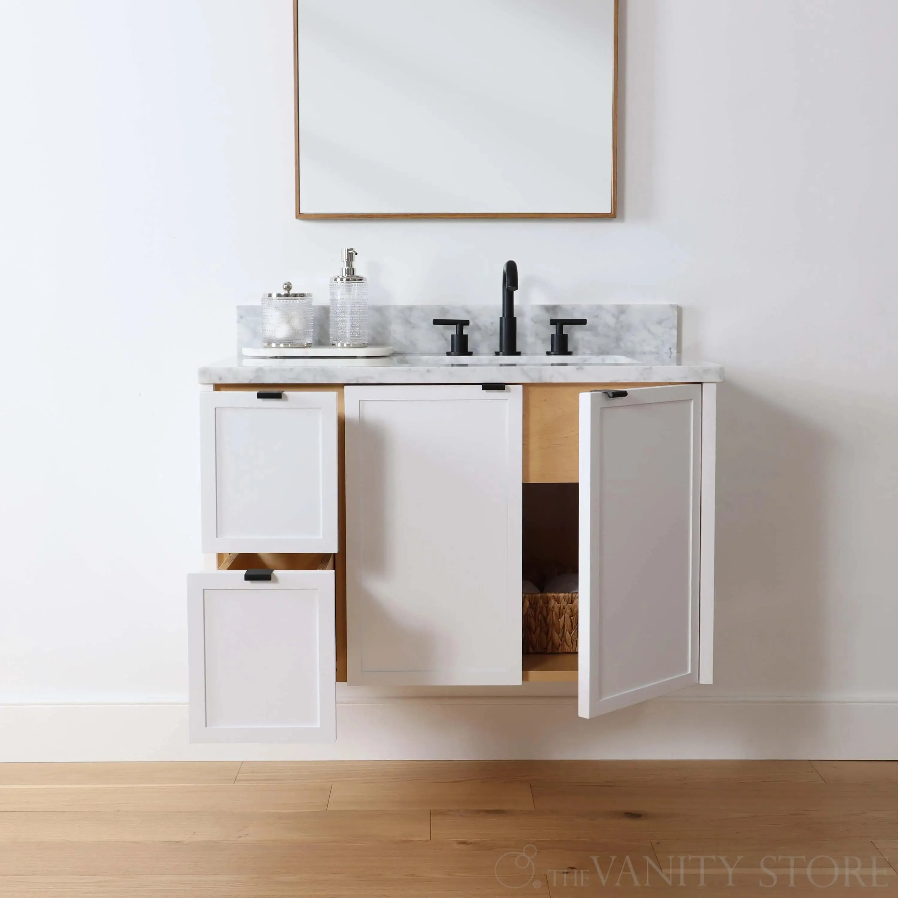 Cape Breton 36" Wall Mount Satin White Bathroom Vanity, Right Sink