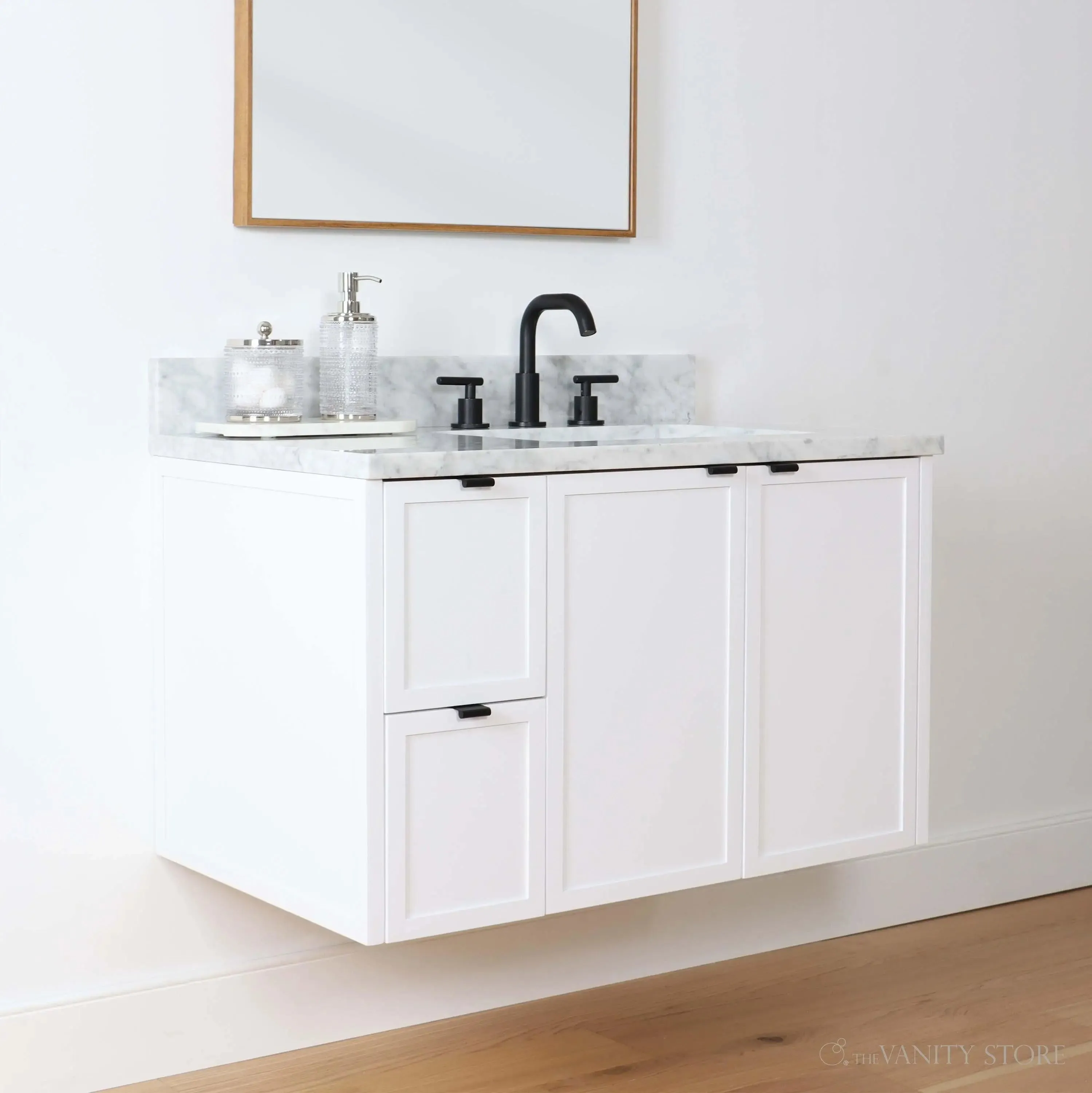 Cape Breton 36" Wall Mount Satin White Bathroom Vanity, Right Sink