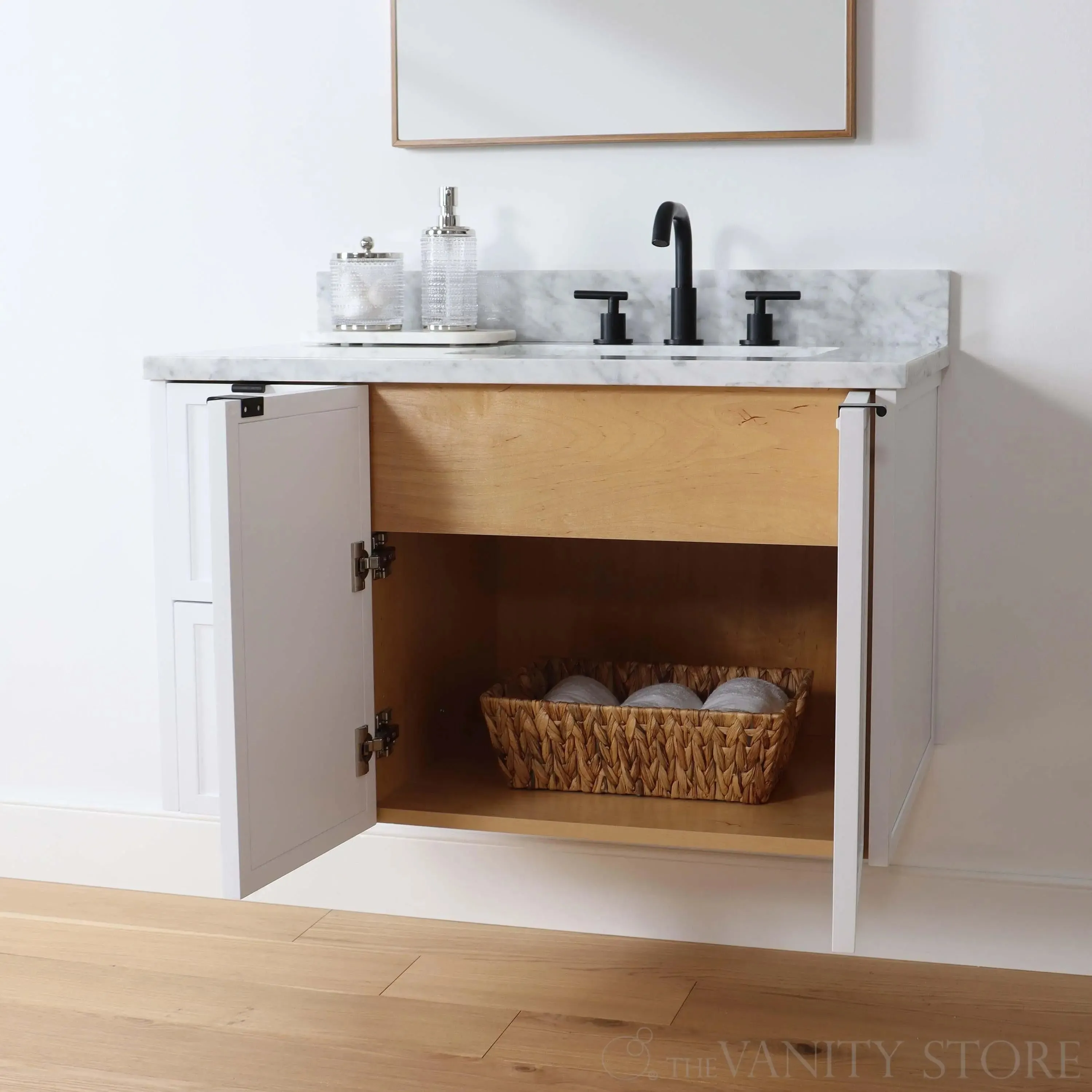 Cape Breton 36" Wall Mount Satin White Bathroom Vanity, Right Sink