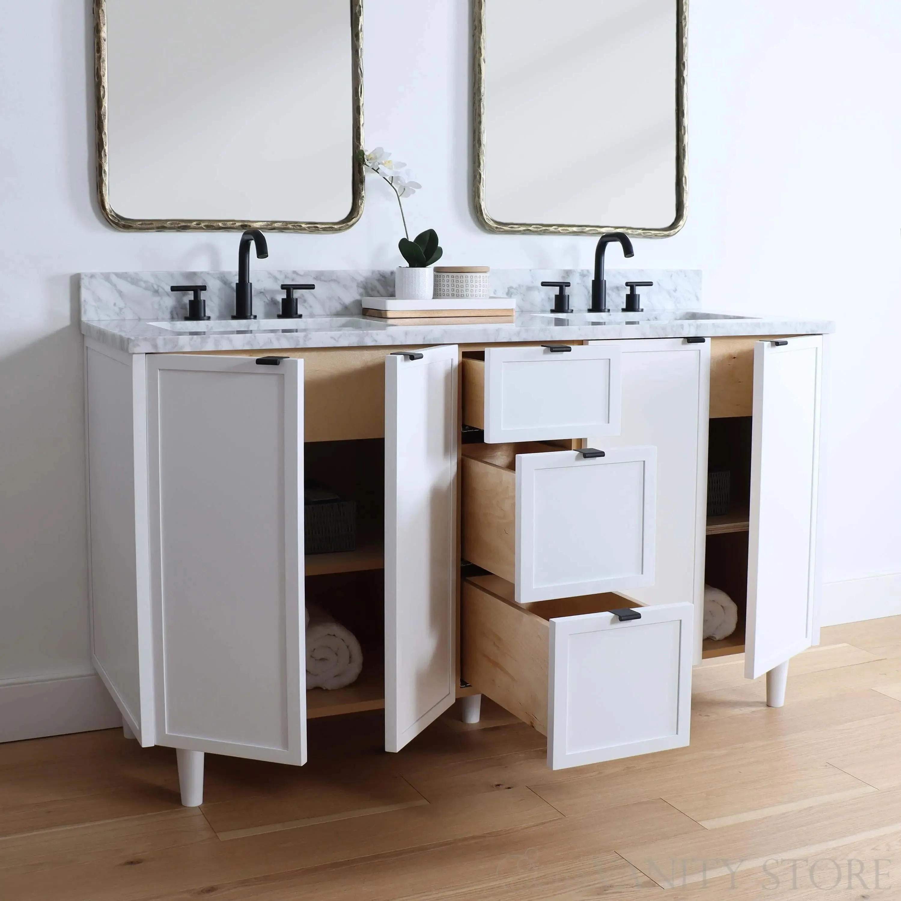 Cape Breton 60" Satin White Bathroom Vanity, Double Sink