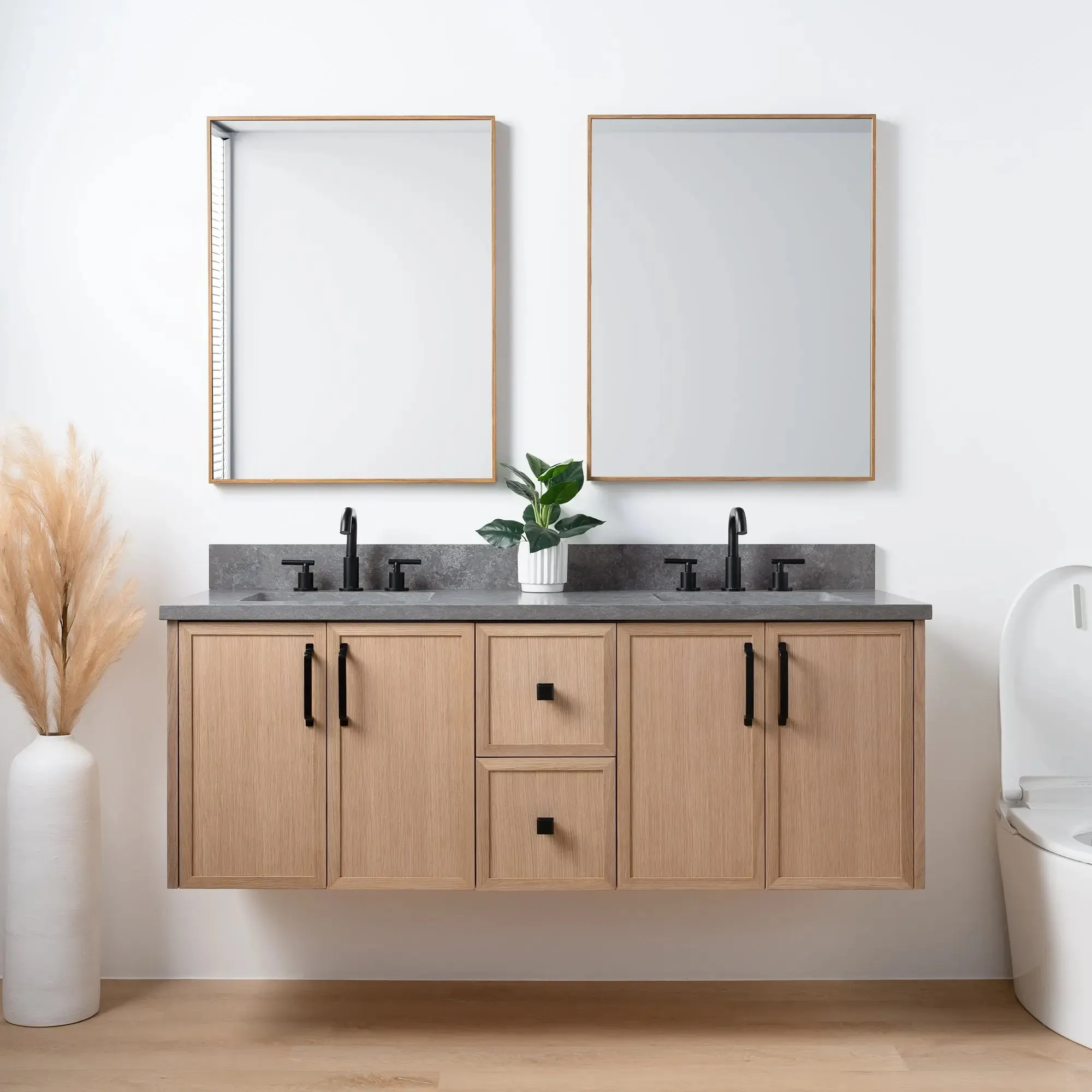 Cape Breton 60" Wall Mount White Oak Bathroom Vanity, Double Sink