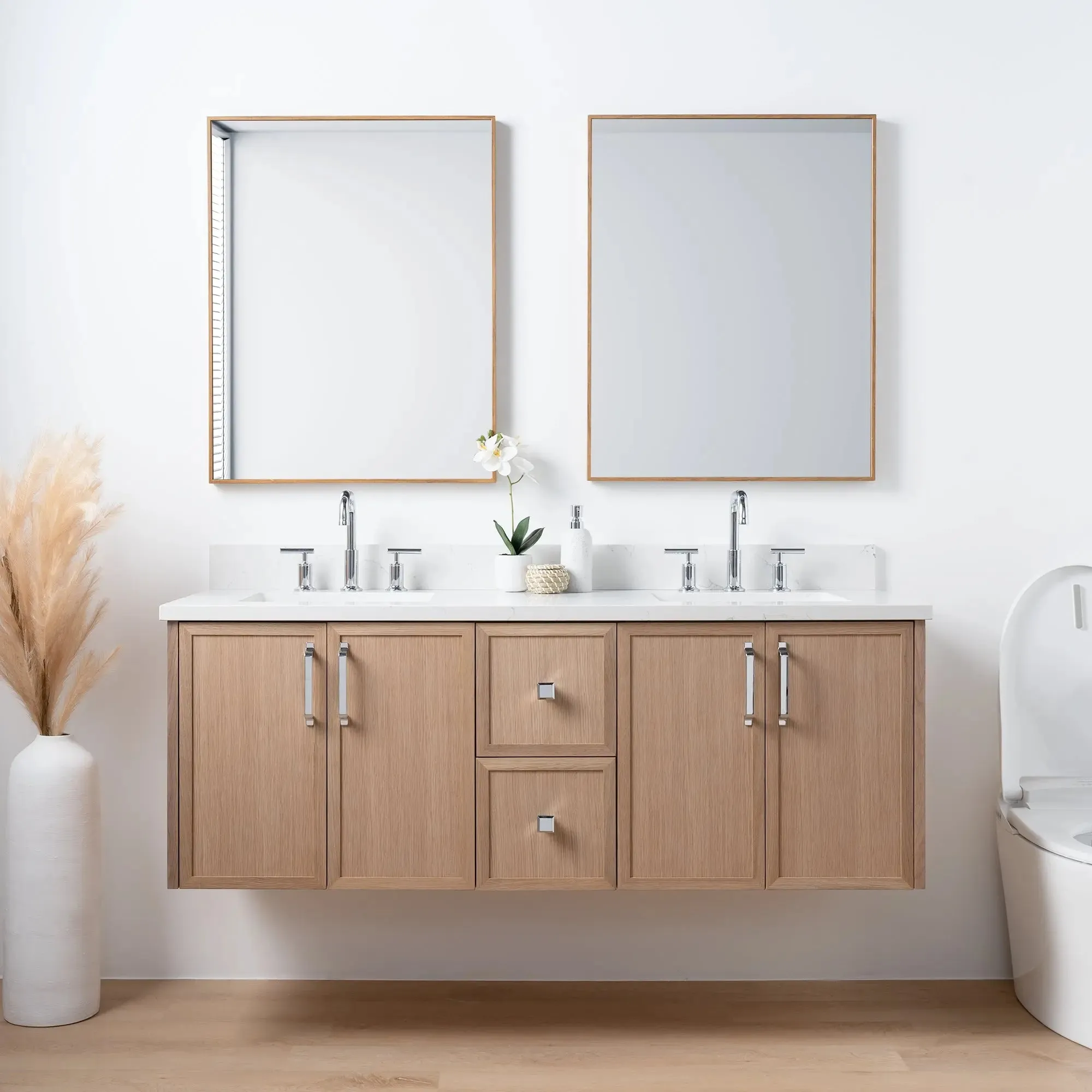 Cape Breton 60" Wall Mount White Oak Bathroom Vanity, Double Sink