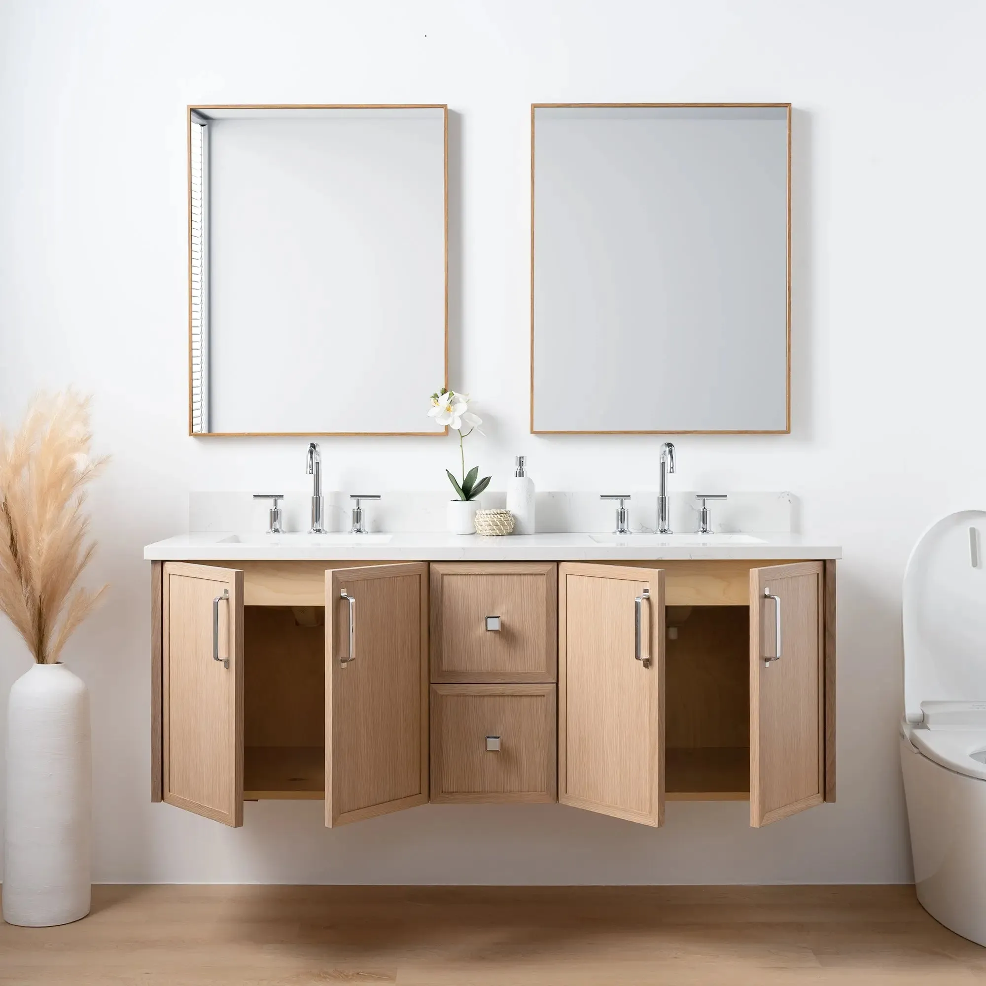 Cape Breton 60" Wall Mount White Oak Bathroom Vanity, Double Sink