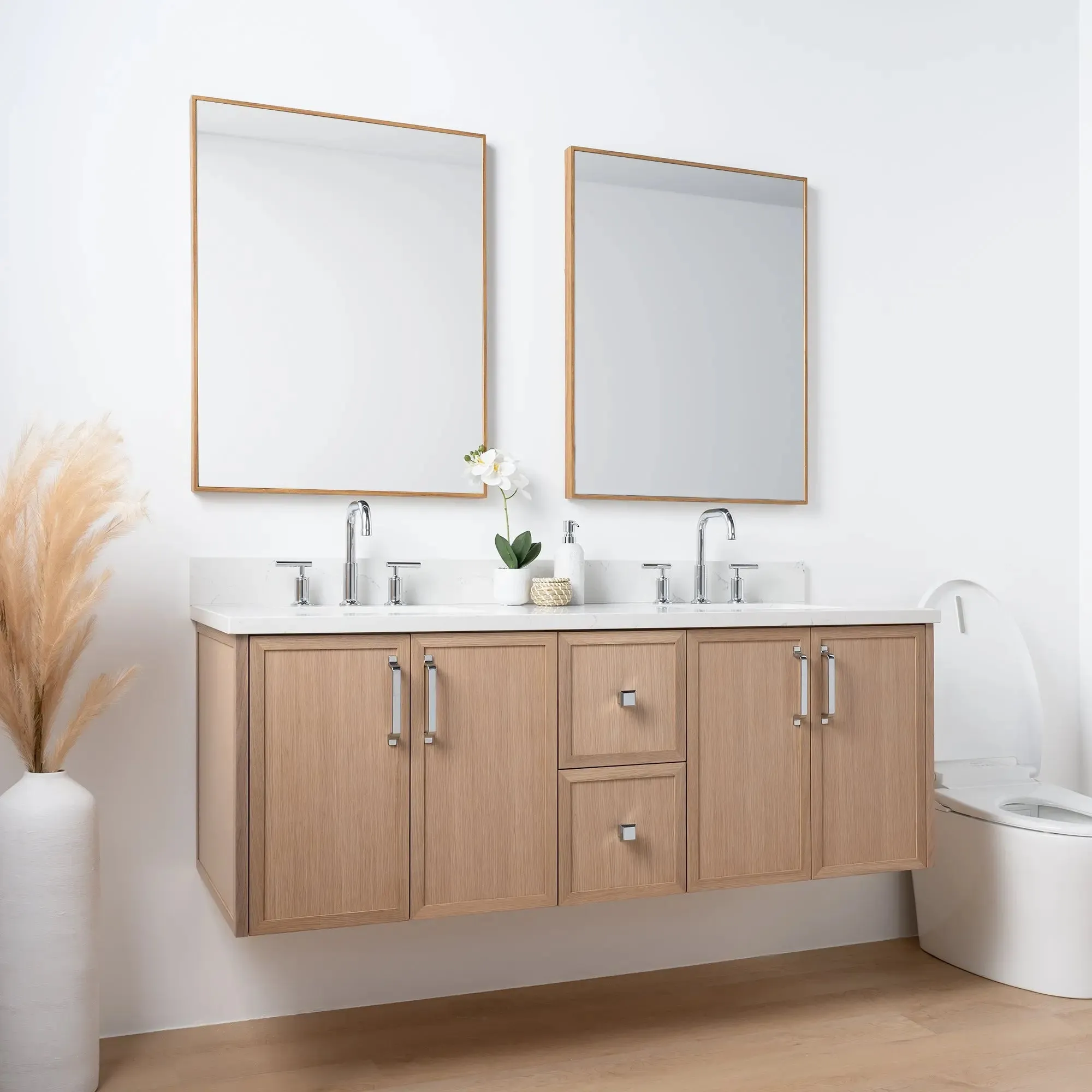 Cape Breton 60" Wall Mount White Oak Bathroom Vanity, Double Sink