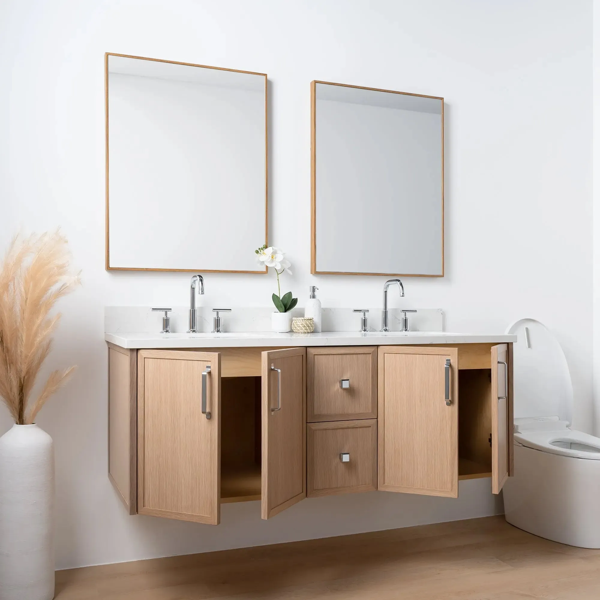 Cape Breton 60" Wall Mount White Oak Bathroom Vanity, Double Sink