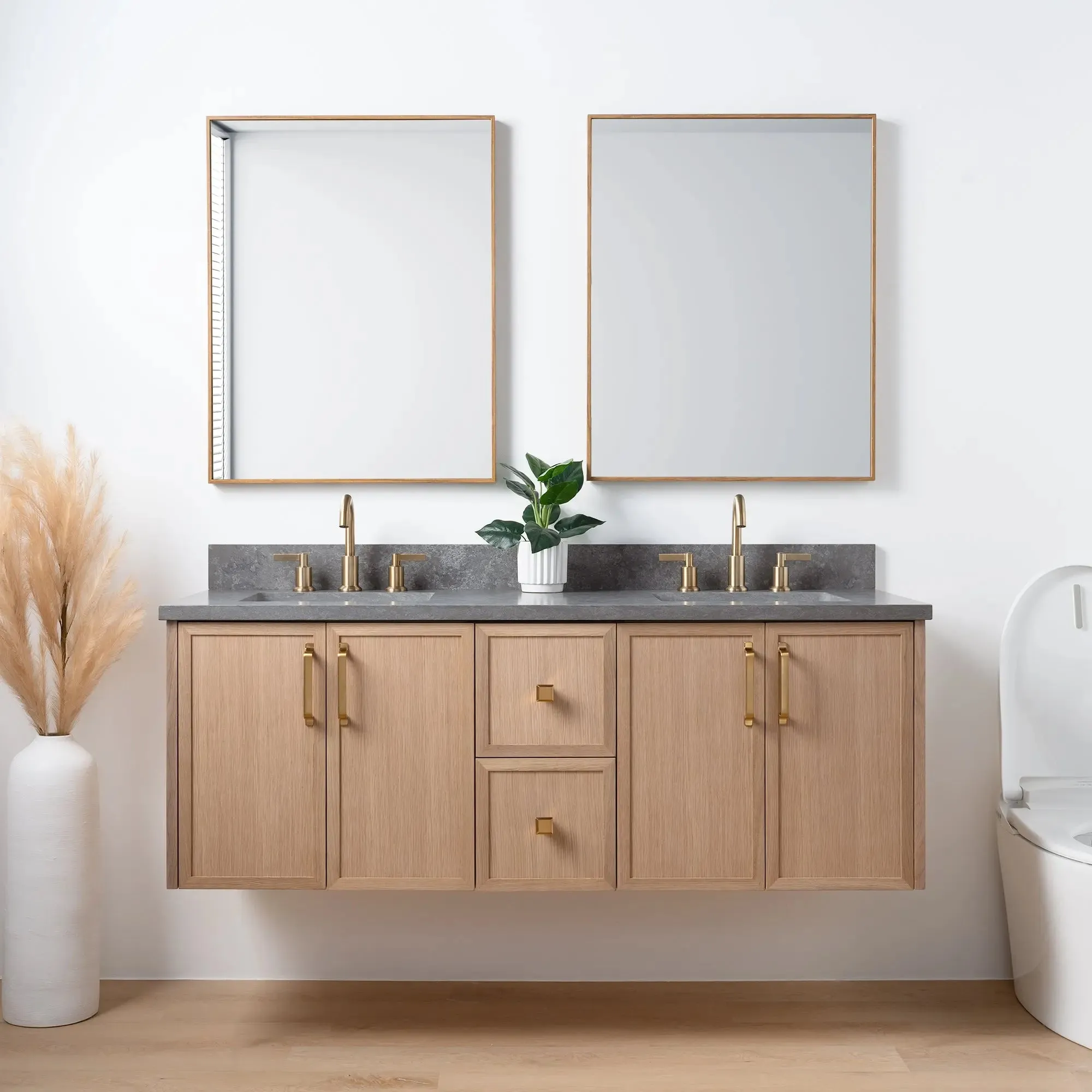 Cape Breton 60" Wall Mount White Oak Bathroom Vanity, Double Sink