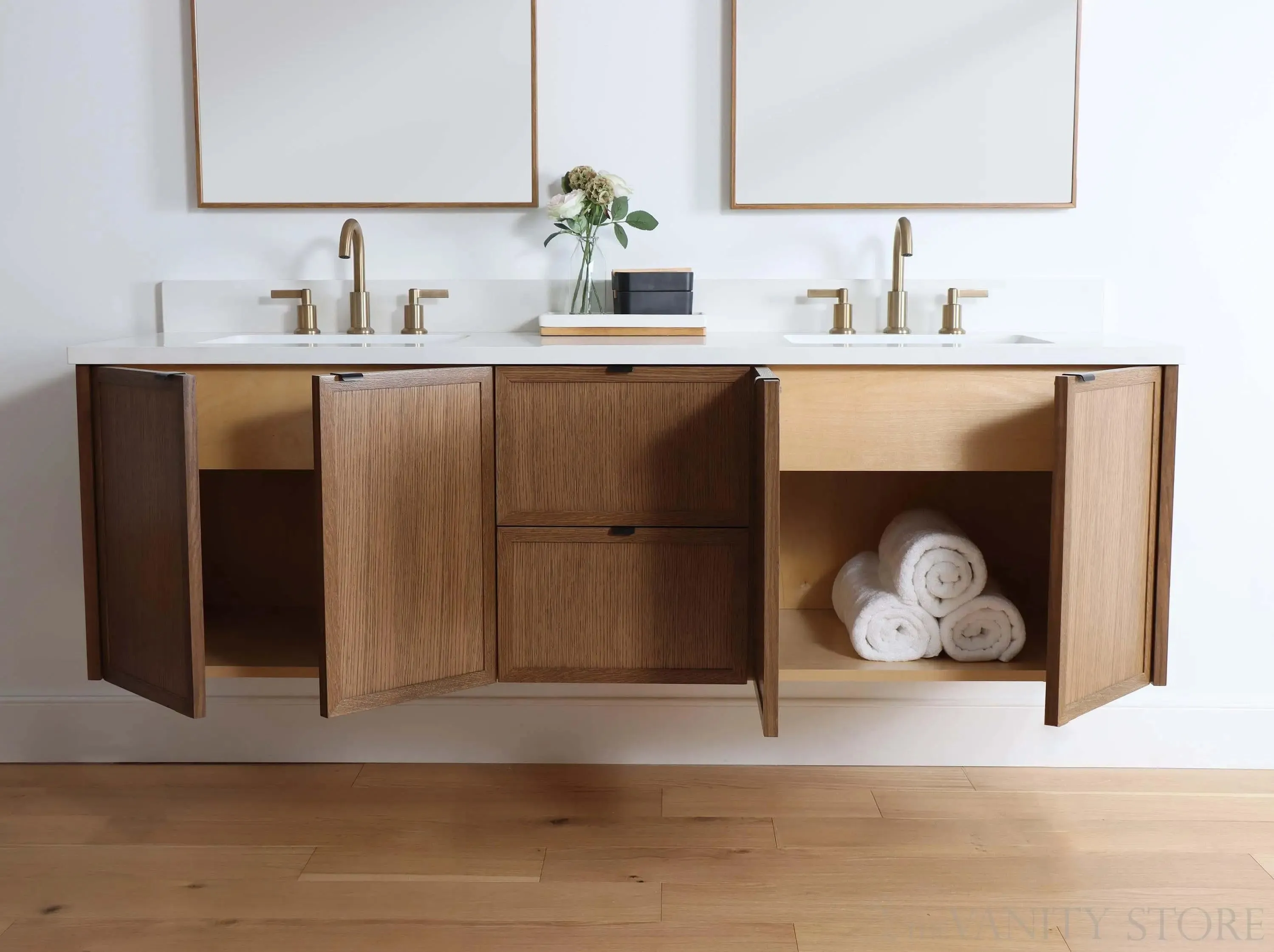 Cape Breton 72" Wall Mount Mid Century Oak Bathroom Vanity, Double Sink