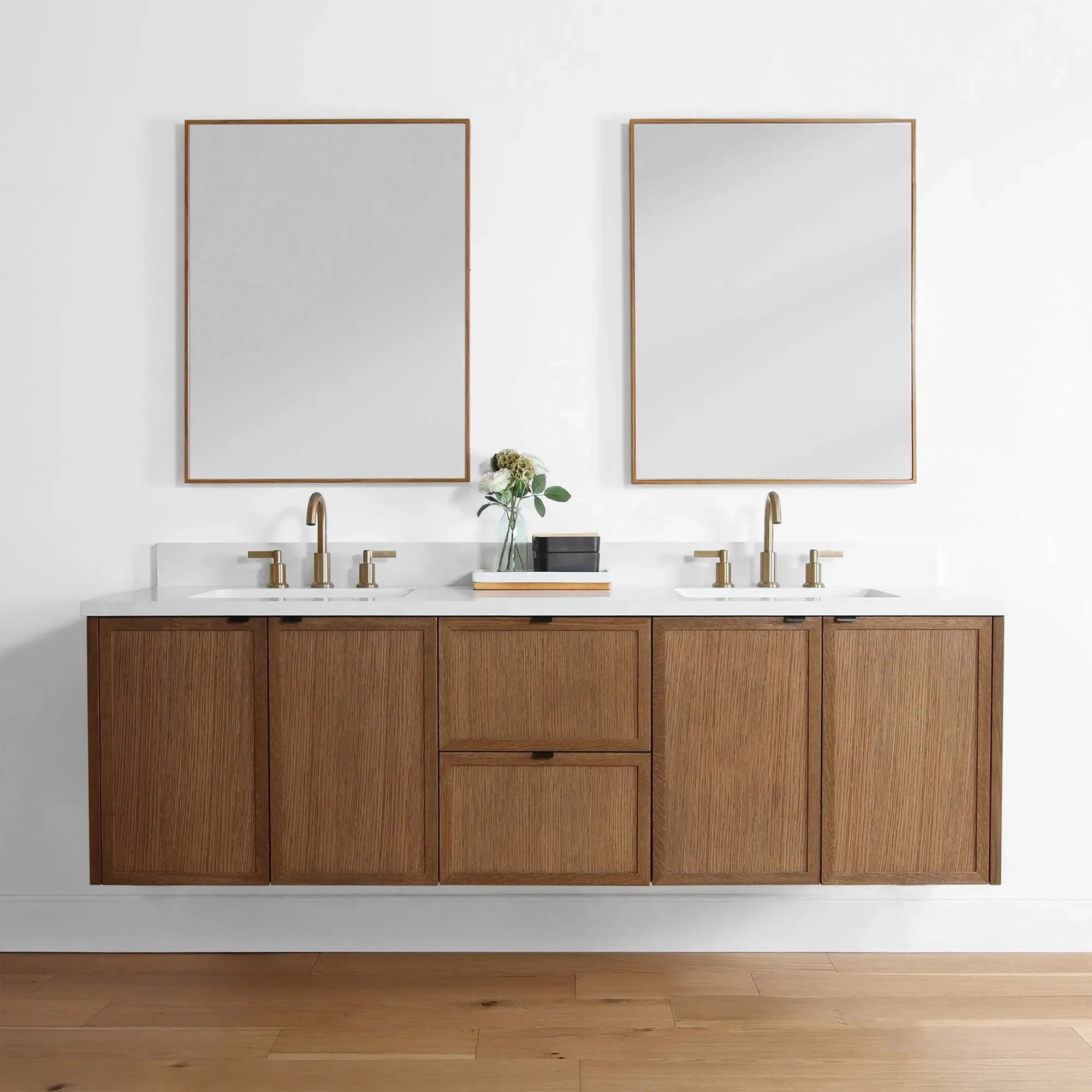 Cape Breton 72" Wall Mount Mid Century Oak Bathroom Vanity, Double Sink