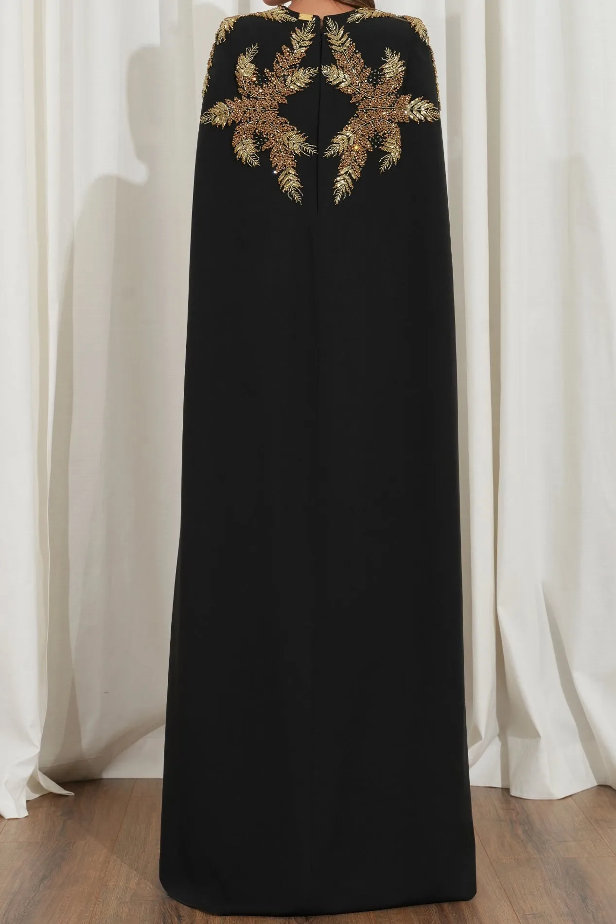 Dalia Crystal-Embroidered Cape Crepe Dress  Black-Gold
