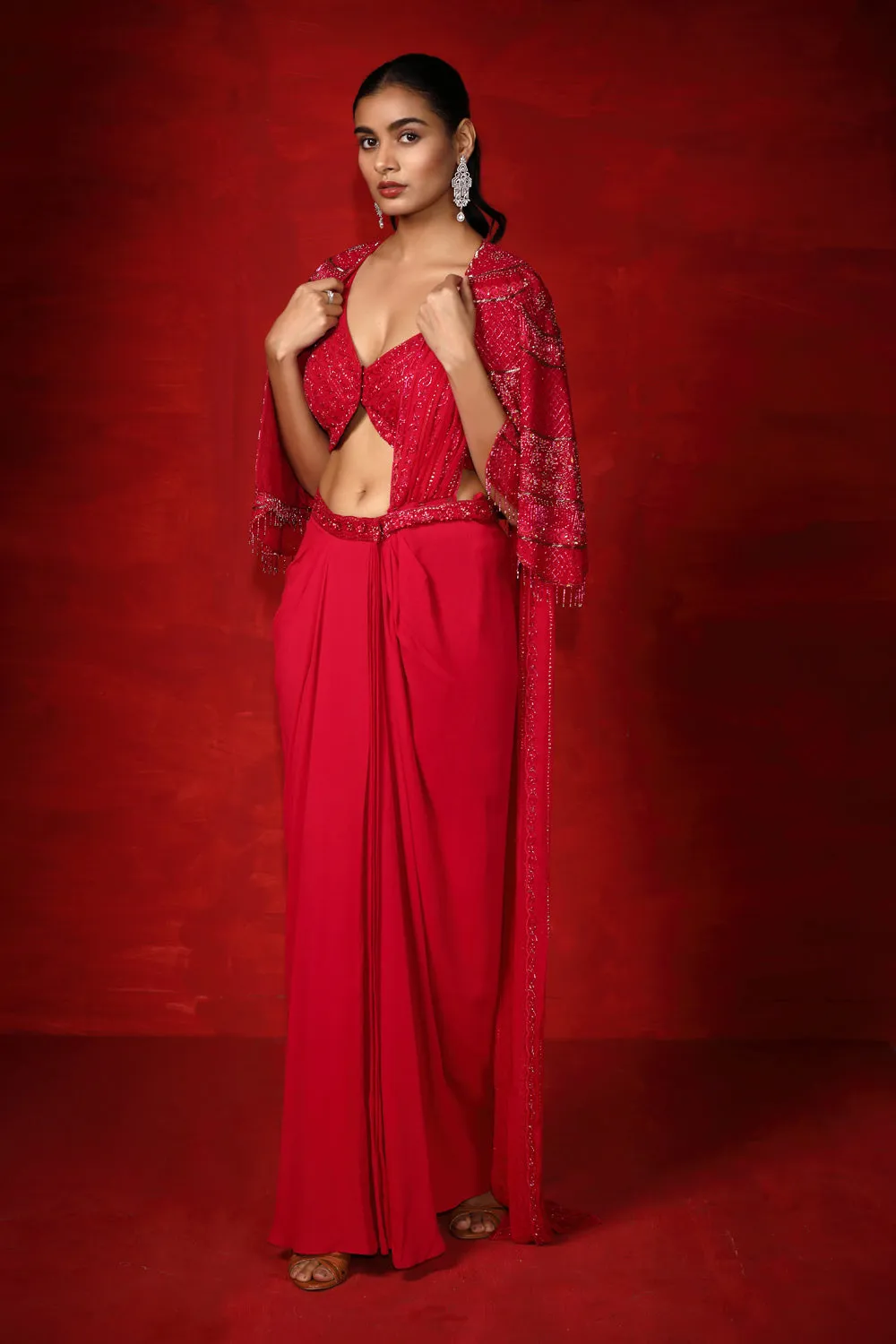 Drape Saree With Embroidered Cape And Choli