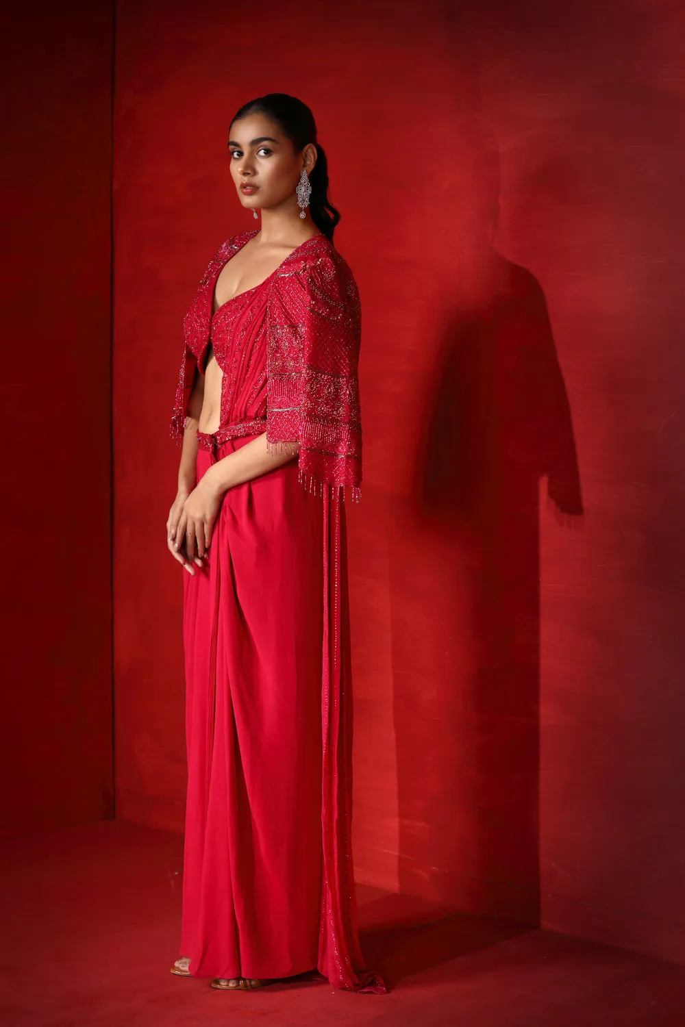 Drape Saree With Embroidered Cape And Choli