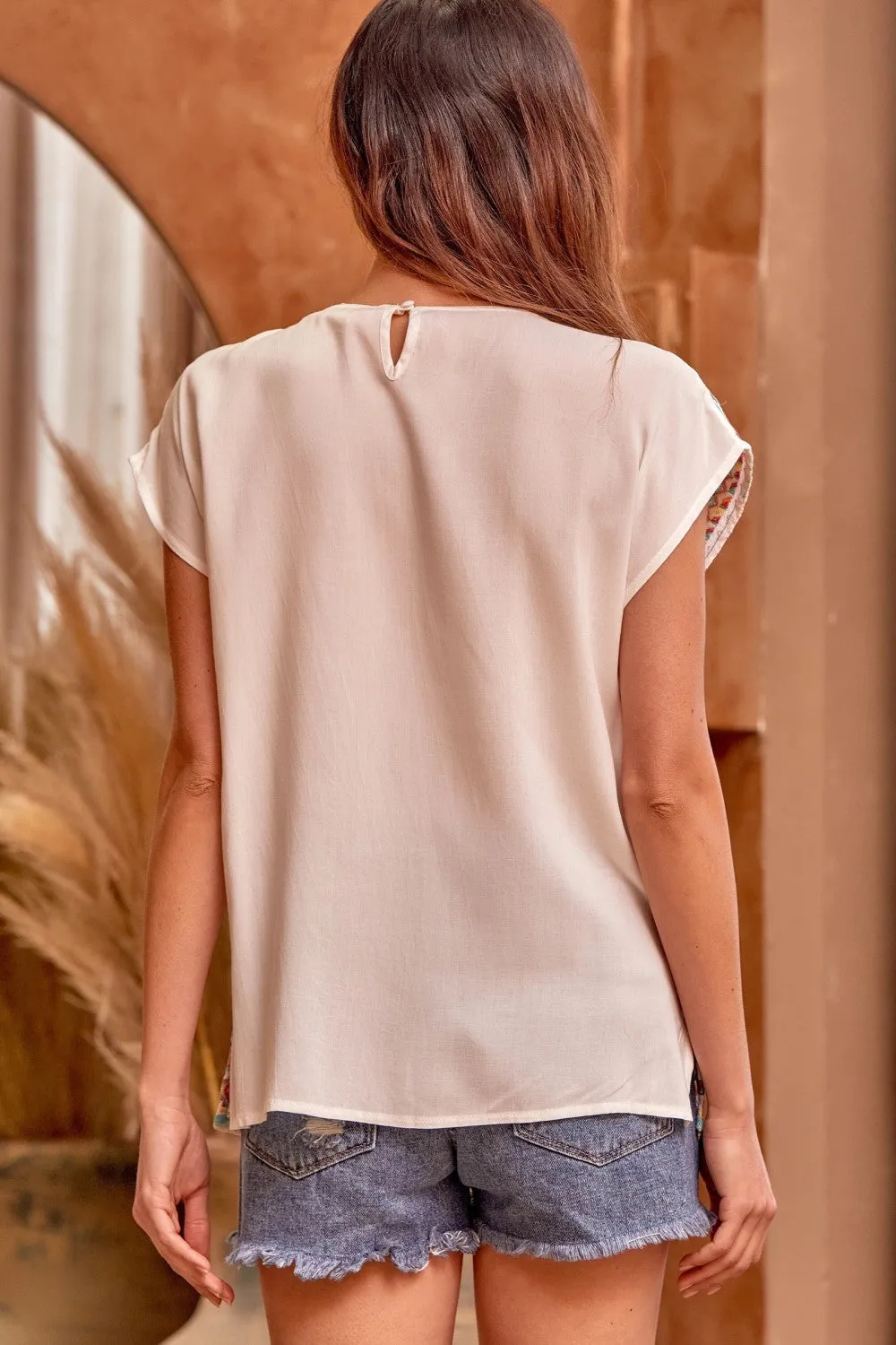 Embroidered Cap Sleeve Top, Ivory
