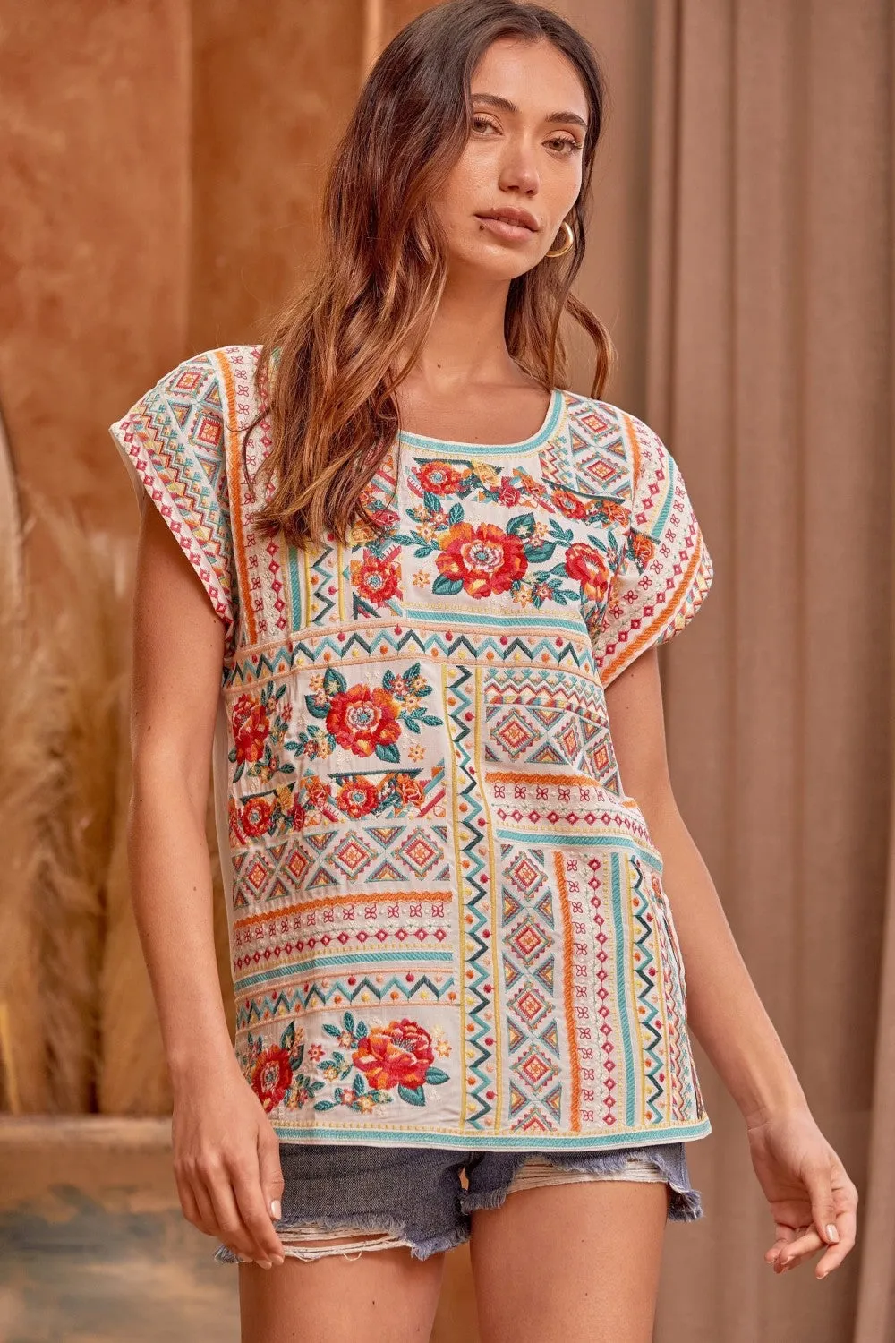 Embroidered Cap Sleeve Top, Ivory