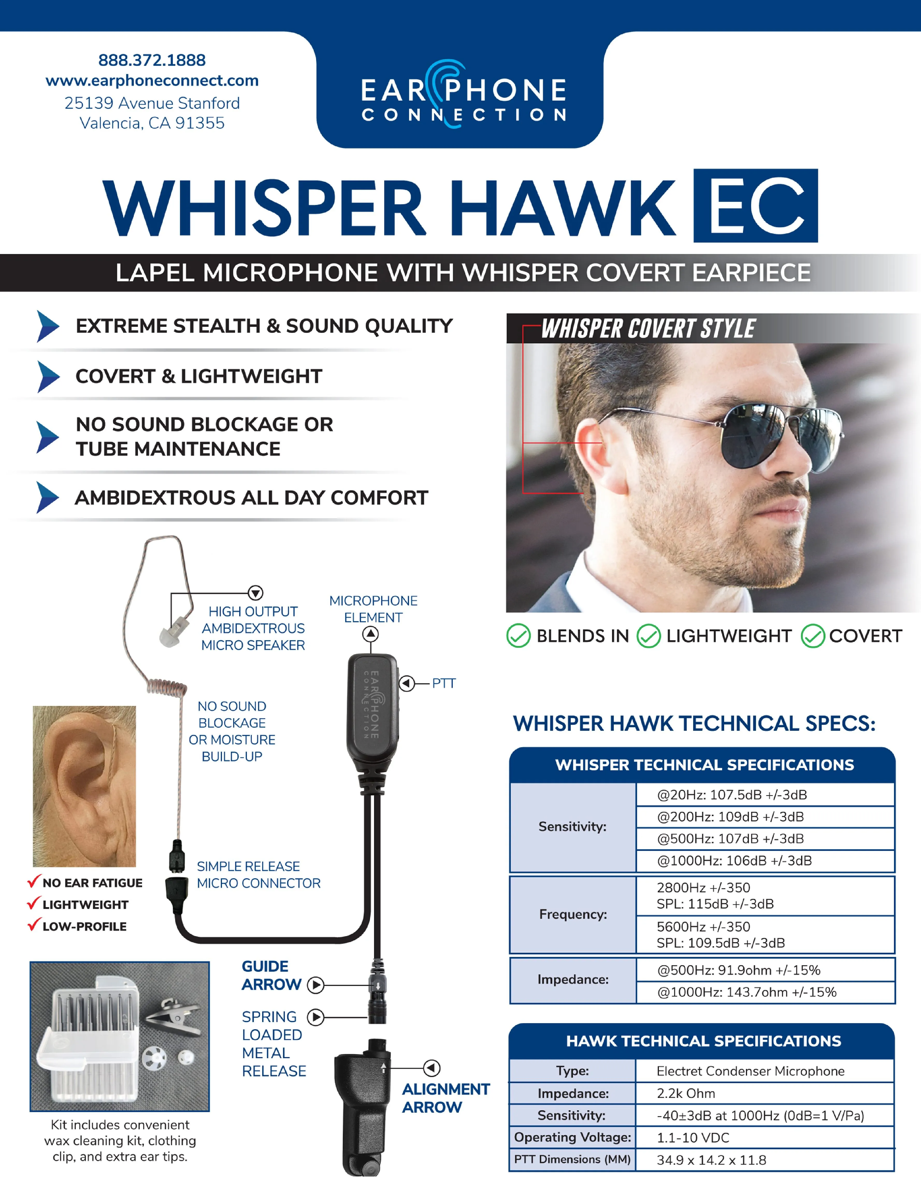 EP1303-W Whisper Hawk EC Covert Lapel Microphone fits Motorola Dual Pin