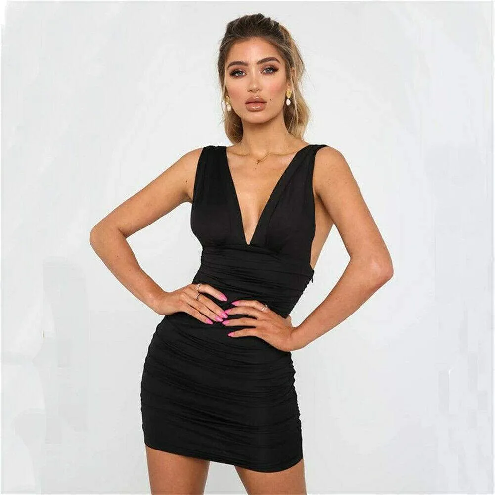 FashionSierra - New Summer Women's Bodycon Mini Dress Ladies Sleeveless V Neck Party Cocktail Club Slim Fit Dress Sundress