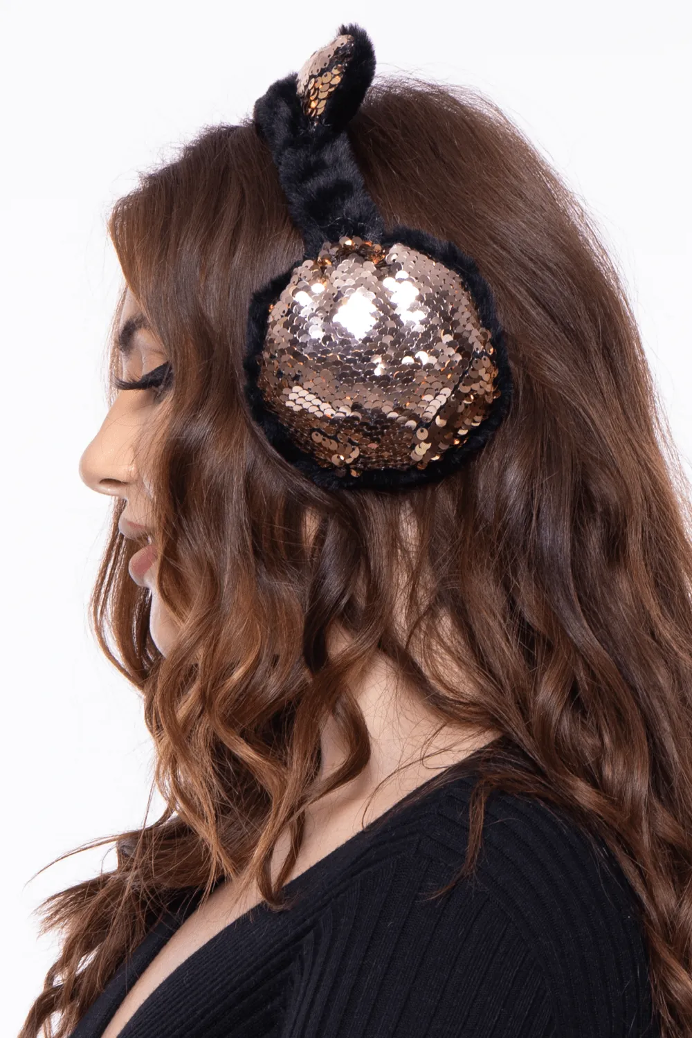 Fluffy Sequin Faux Fur Ear Muffs with kitty ears- Black