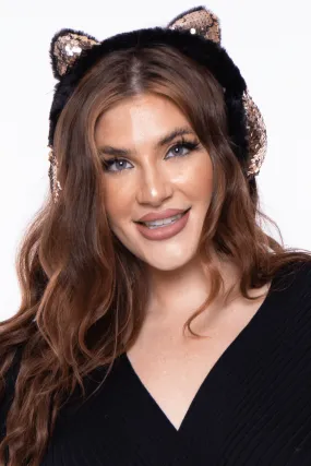 Fluffy Sequin Faux Fur Ear Muffs with kitty ears- Black