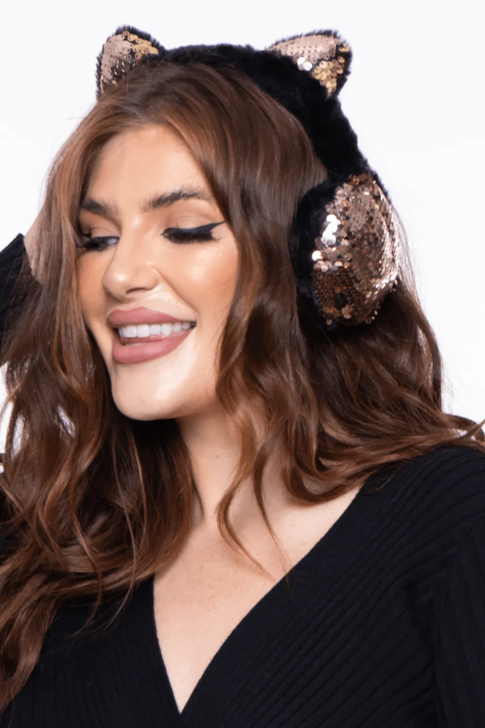 Fluffy Sequin Faux Fur Ear Muffs with kitty ears- Black