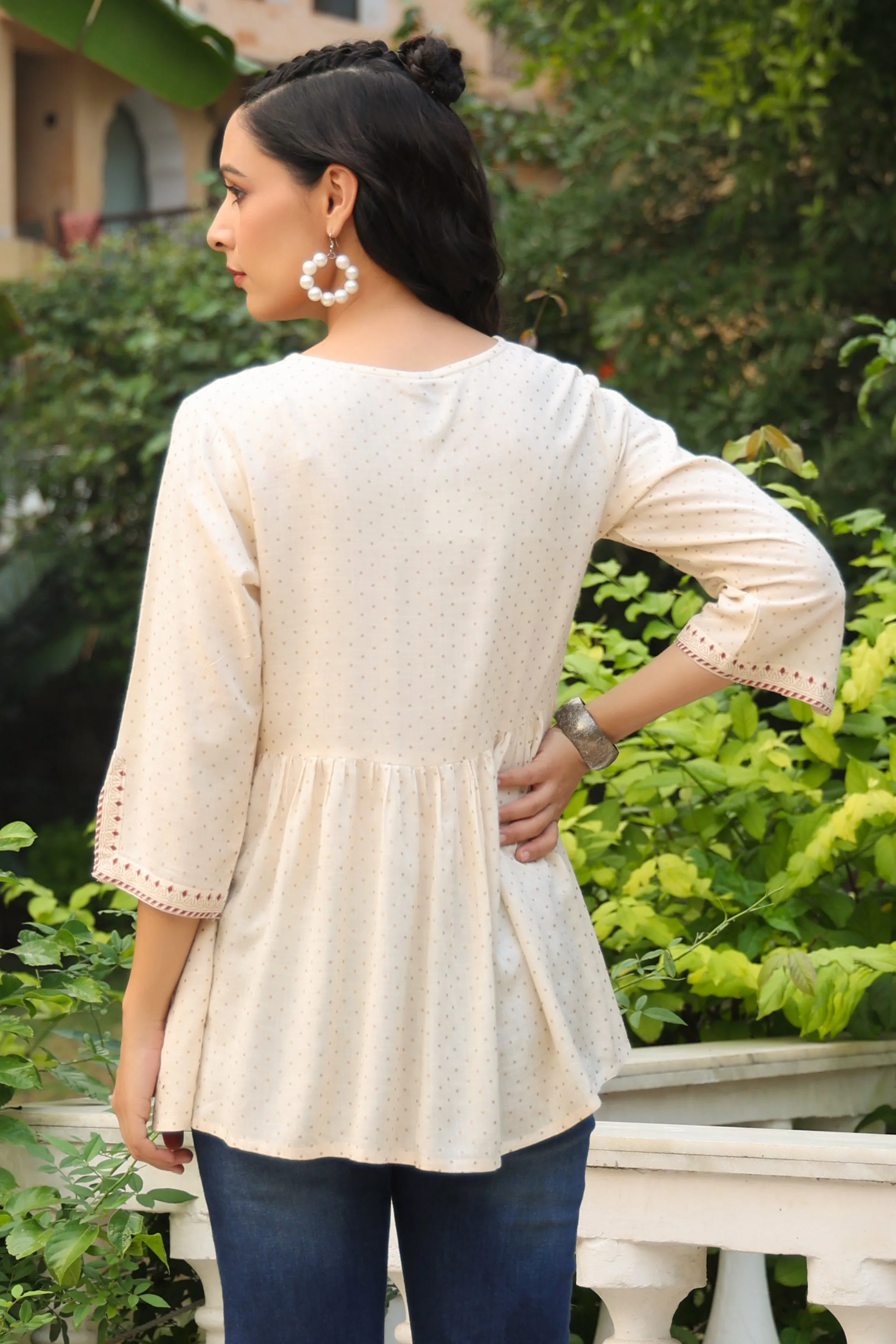 Ivory Rayon Slub Polka Print Peplum Tunic