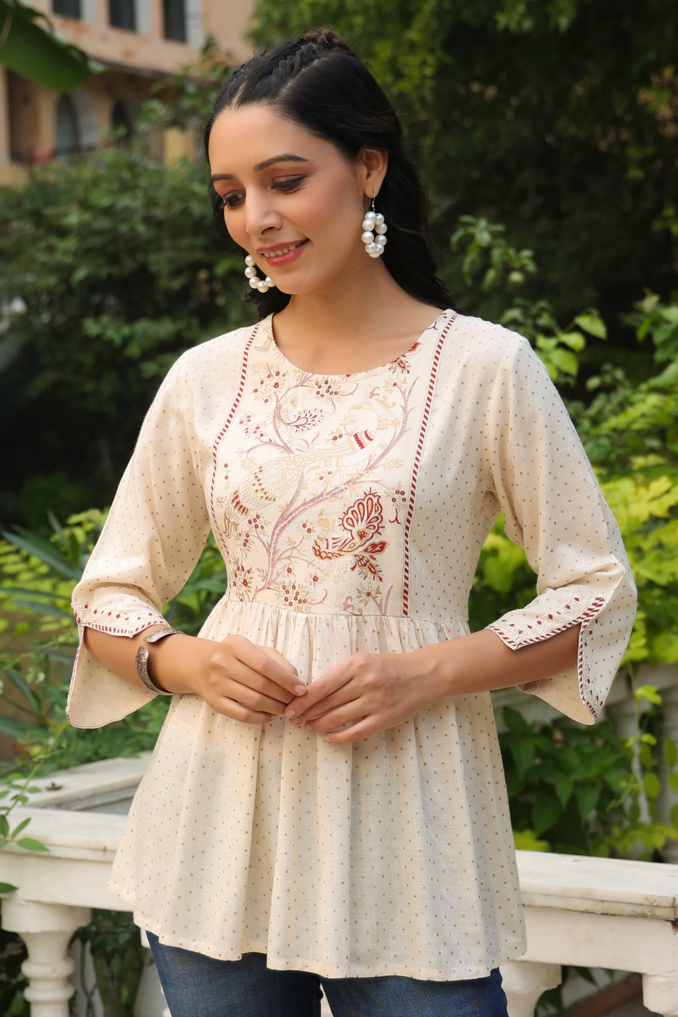 Ivory Rayon Slub Polka Print Peplum Tunic