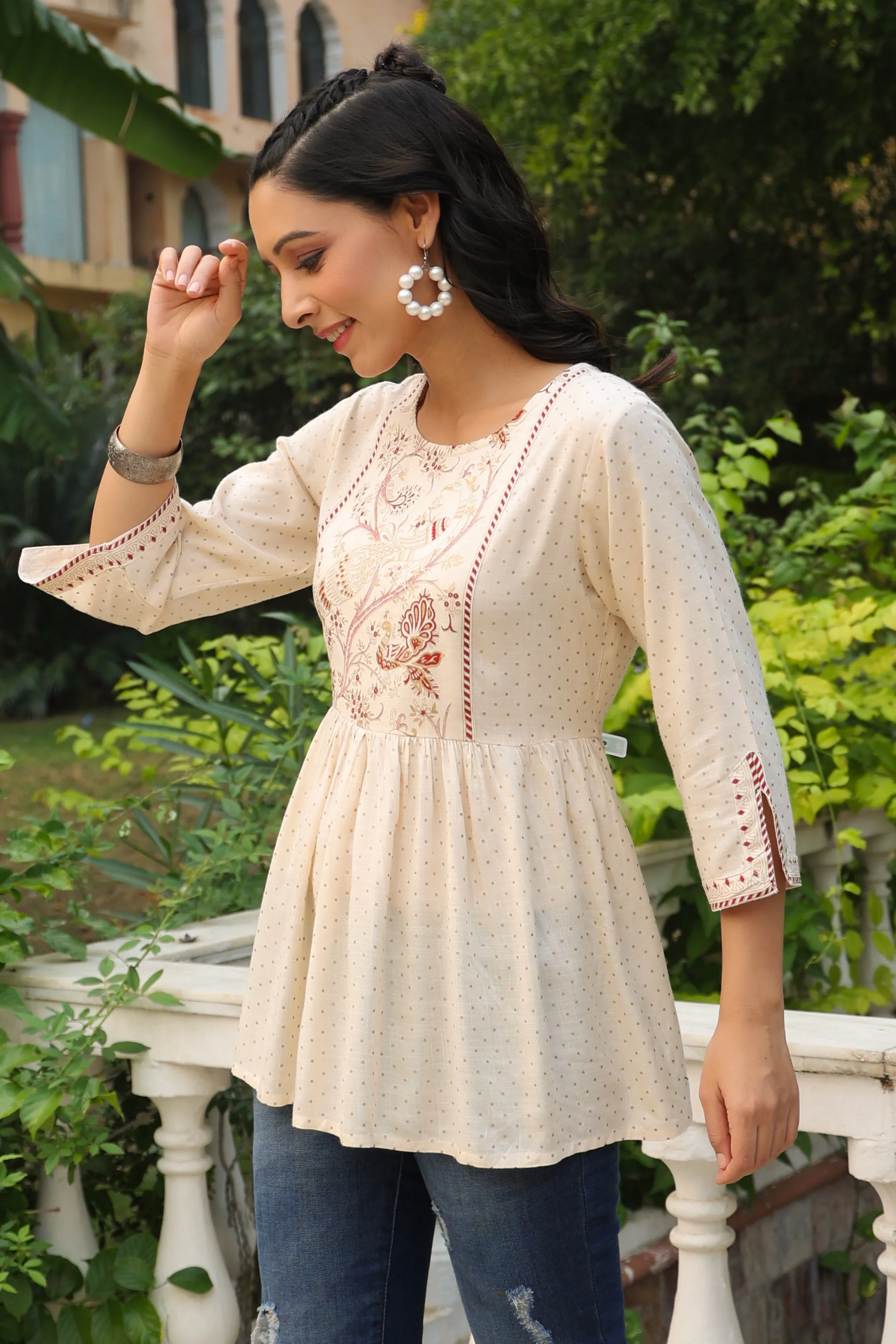 Ivory Rayon Slub Polka Print Peplum Tunic