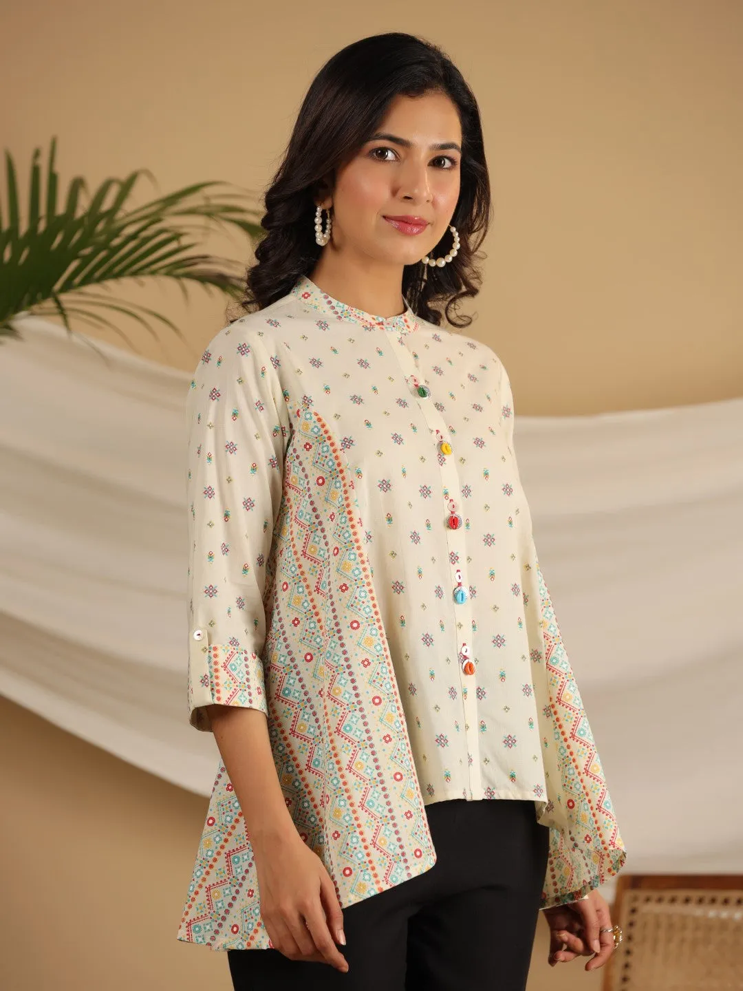 Jashvi Ivory Tribal printed Pure Cotton Shirt Style Tunic With Beads work