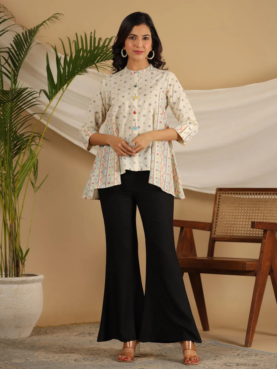 Jashvi Ivory Tribal printed Pure Cotton Shirt Style Tunic With Beads work