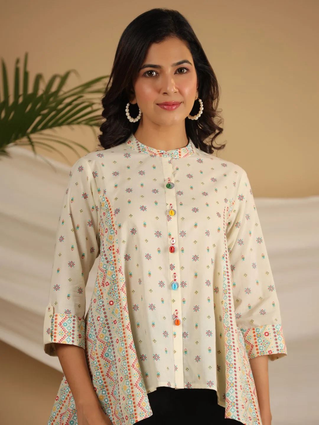 Jashvi Ivory Tribal printed Pure Cotton Shirt Style Tunic With Beads work