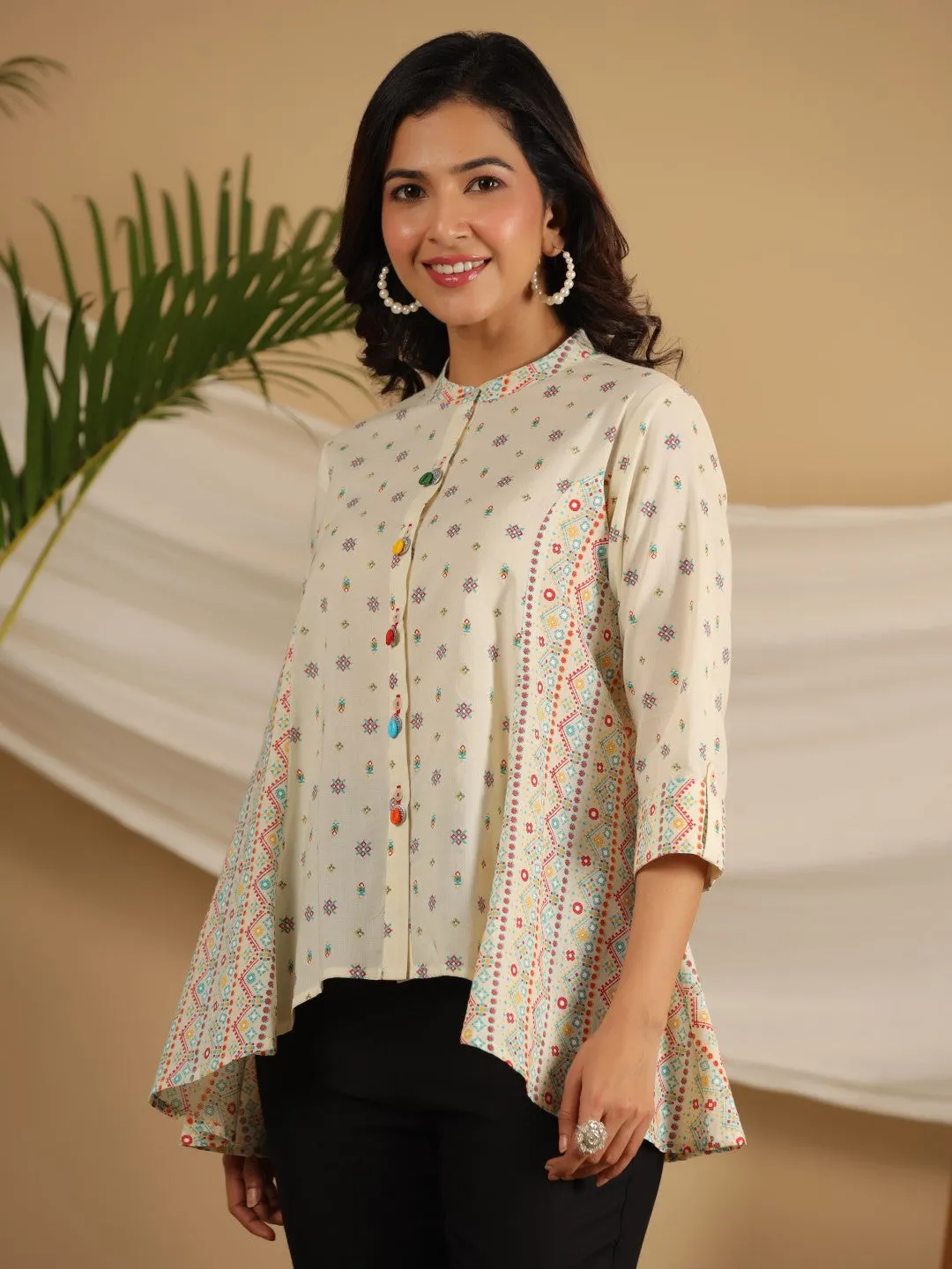 Jashvi Ivory Tribal printed Pure Cotton Shirt Style Tunic With Beads work