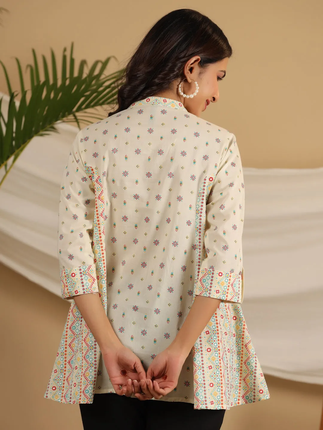 Jashvi Ivory Tribal printed Pure Cotton Shirt Style Tunic With Beads work