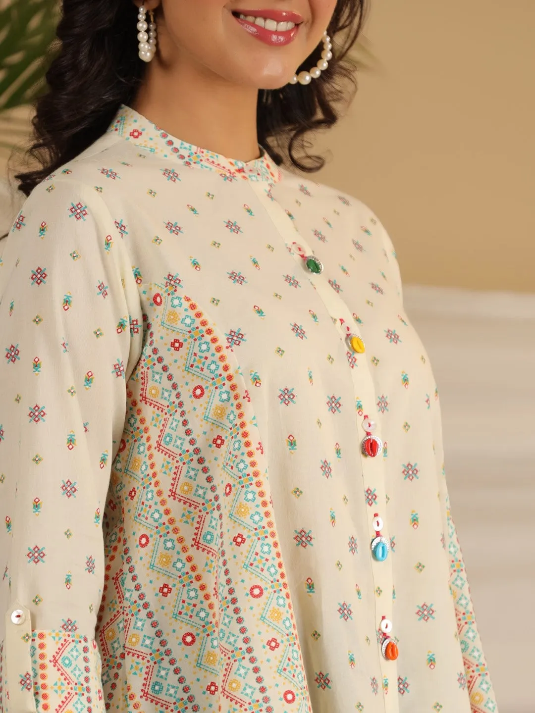 Jashvi Ivory Tribal printed Pure Cotton Shirt Style Tunic With Beads work
