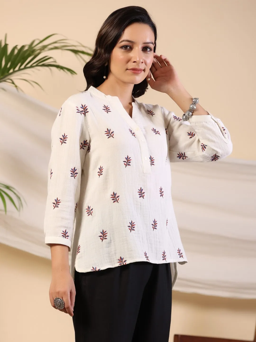 Jashvi Ivory Women Floral Embroidered High-Low Cotton Tunic With Half Placket